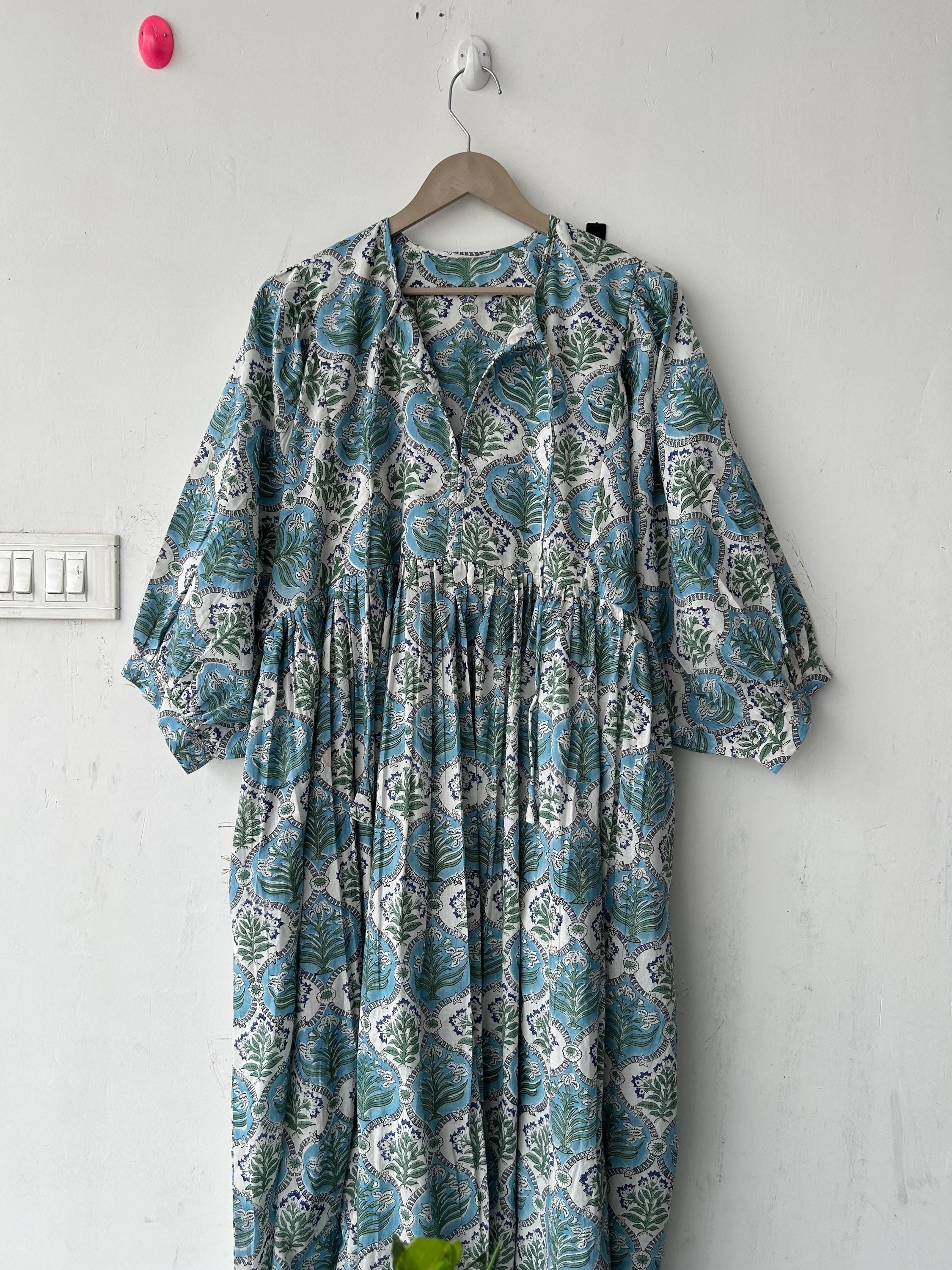 Floral Block Print Cotton Summer Dress: Handcrafted Midi Dress