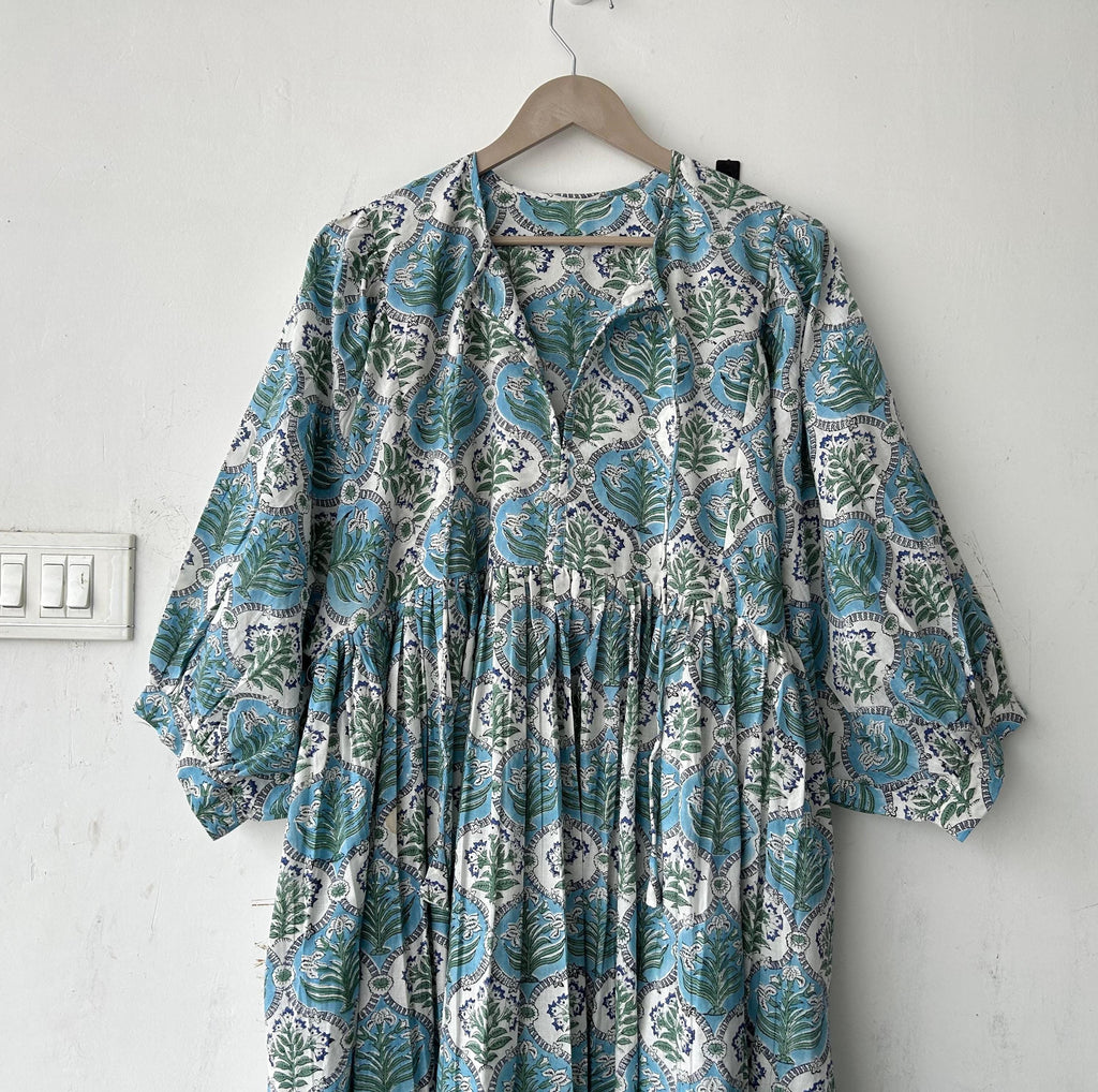 Floral Block Print Cotton Summer Dress: Handcrafted Midi Dress
