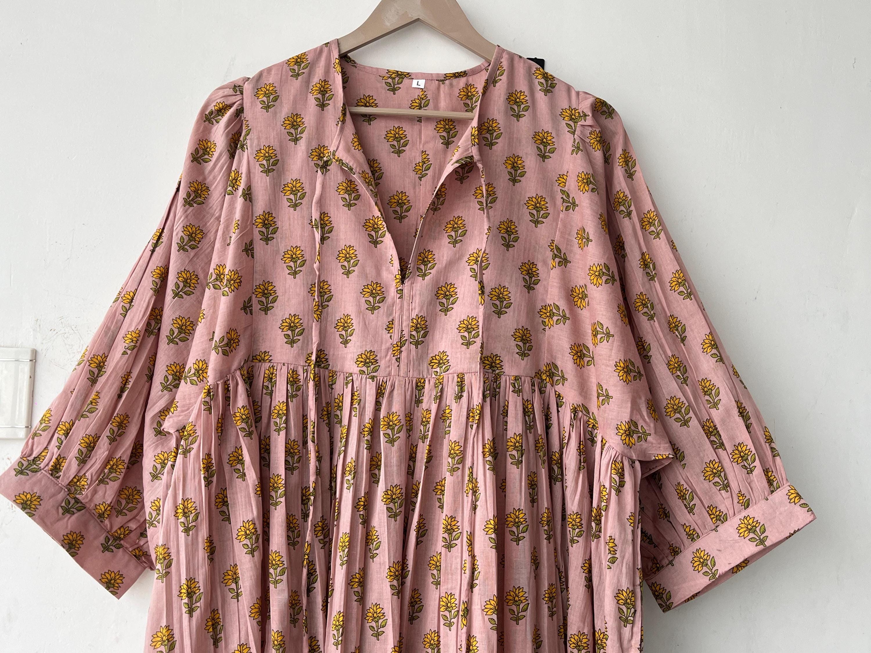 Floral Block Print Cotton Midi Dress: Ethically Handcrafted Summer Dress