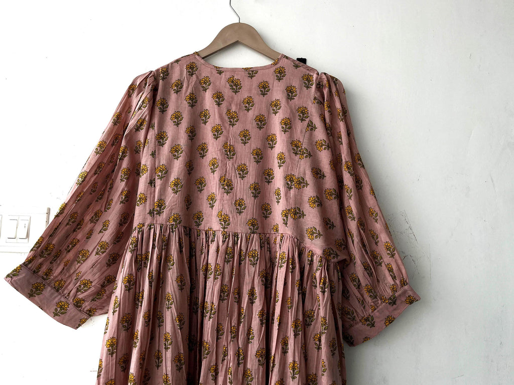 Floral Block Print Cotton Midi Dress: Ethically Handcrafted Summer Dress