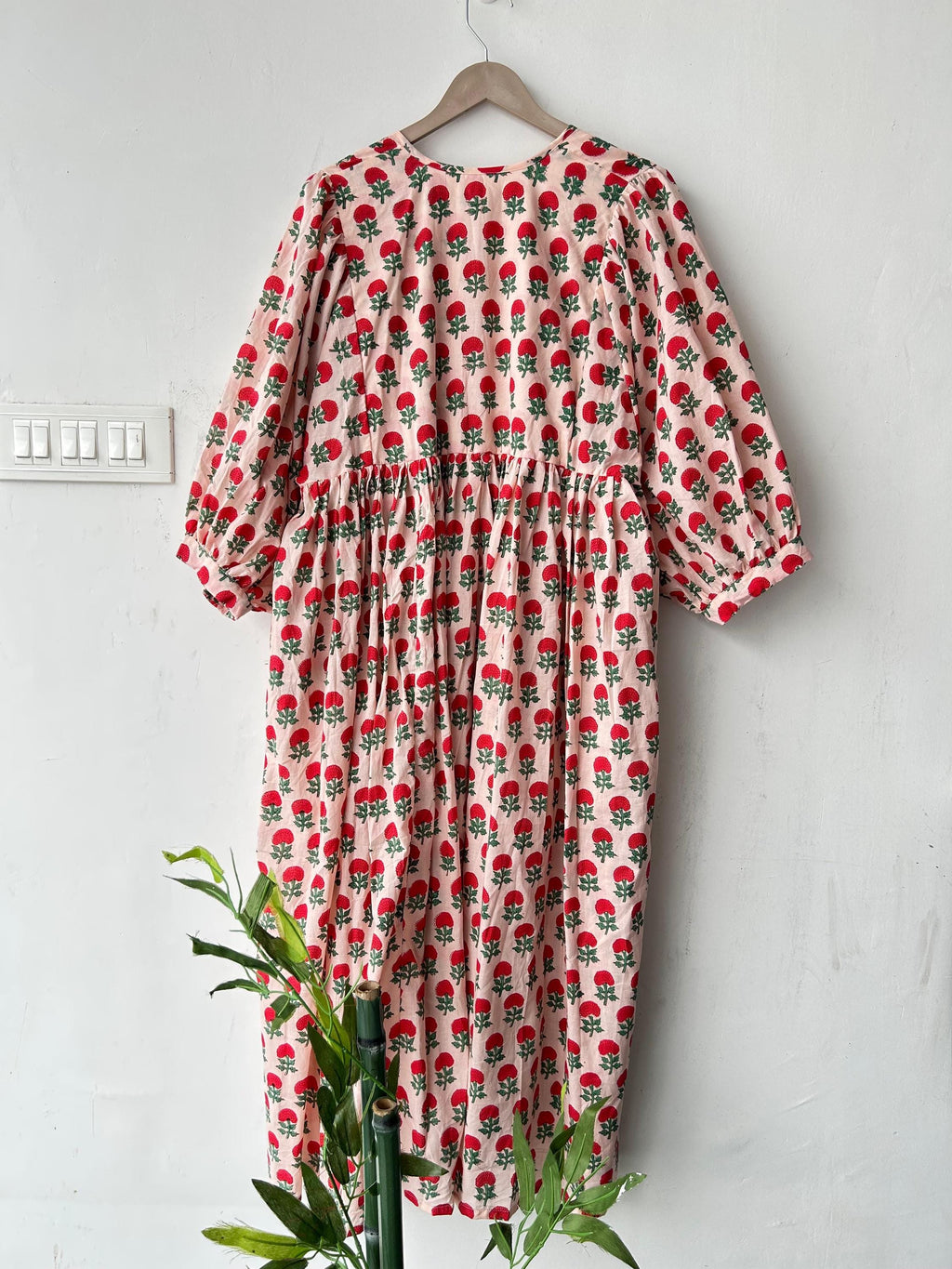 Floral Hand Block Print Cotton Midi Dress - Deep Neck Summer Dress