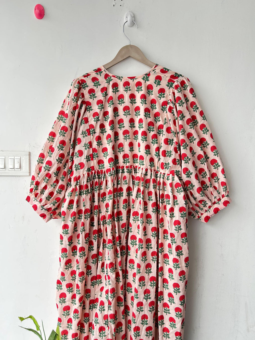 Floral Hand Block Print Cotton Midi Dress - Deep Neck Summer Dress