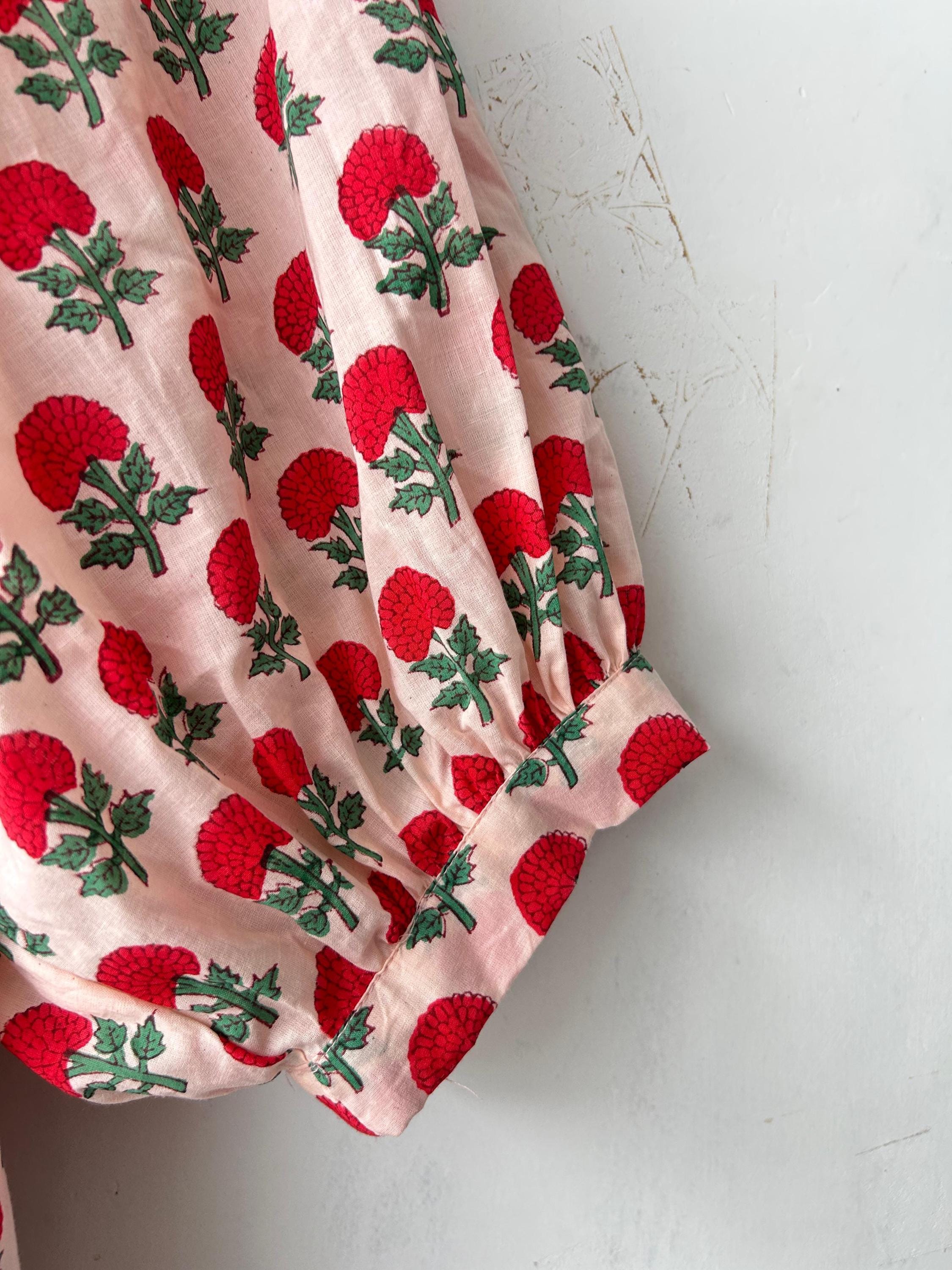 Floral Hand Block Print Cotton Midi Dress - Deep Neck Summer Dress