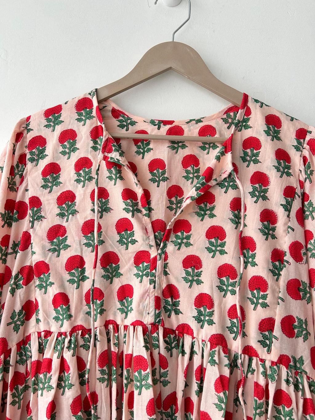 Floral Hand Block Print Cotton Midi Dress - Deep Neck Summer Dress