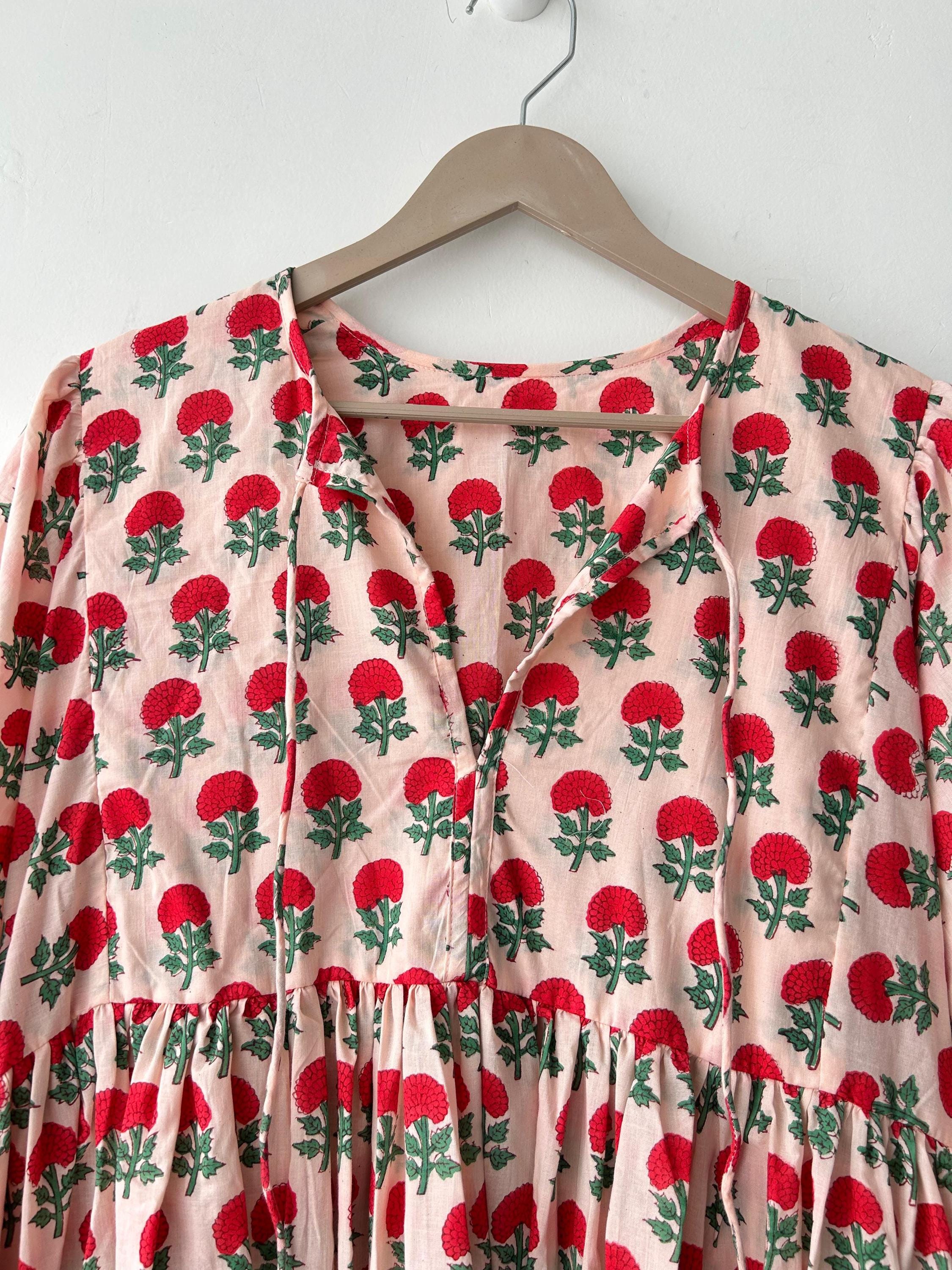 Floral Hand Block Print Cotton Midi Dress - Deep Neck Summer Dress