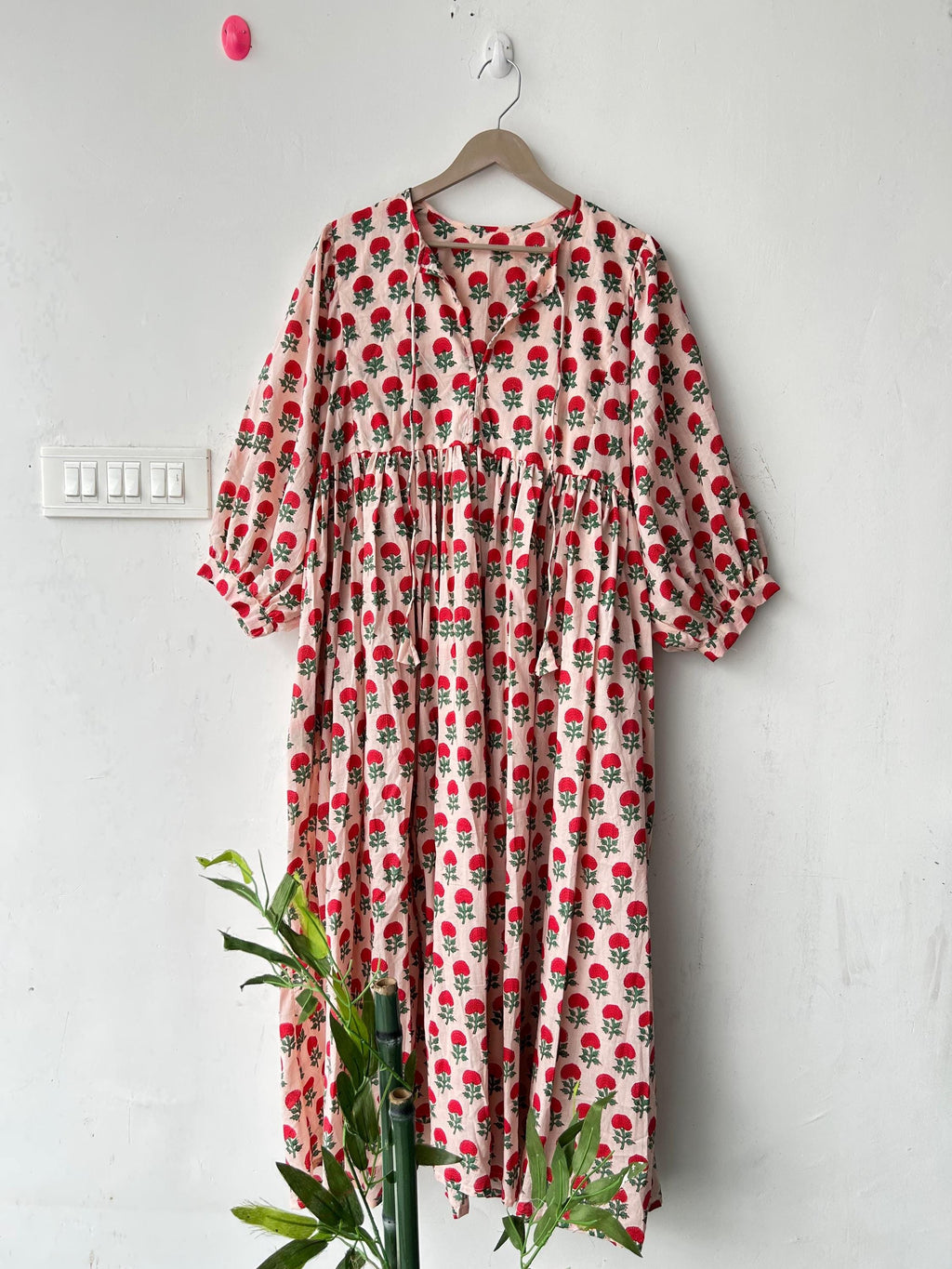 Floral Hand Block Print Cotton Midi Dress - Deep Neck Summer Dress