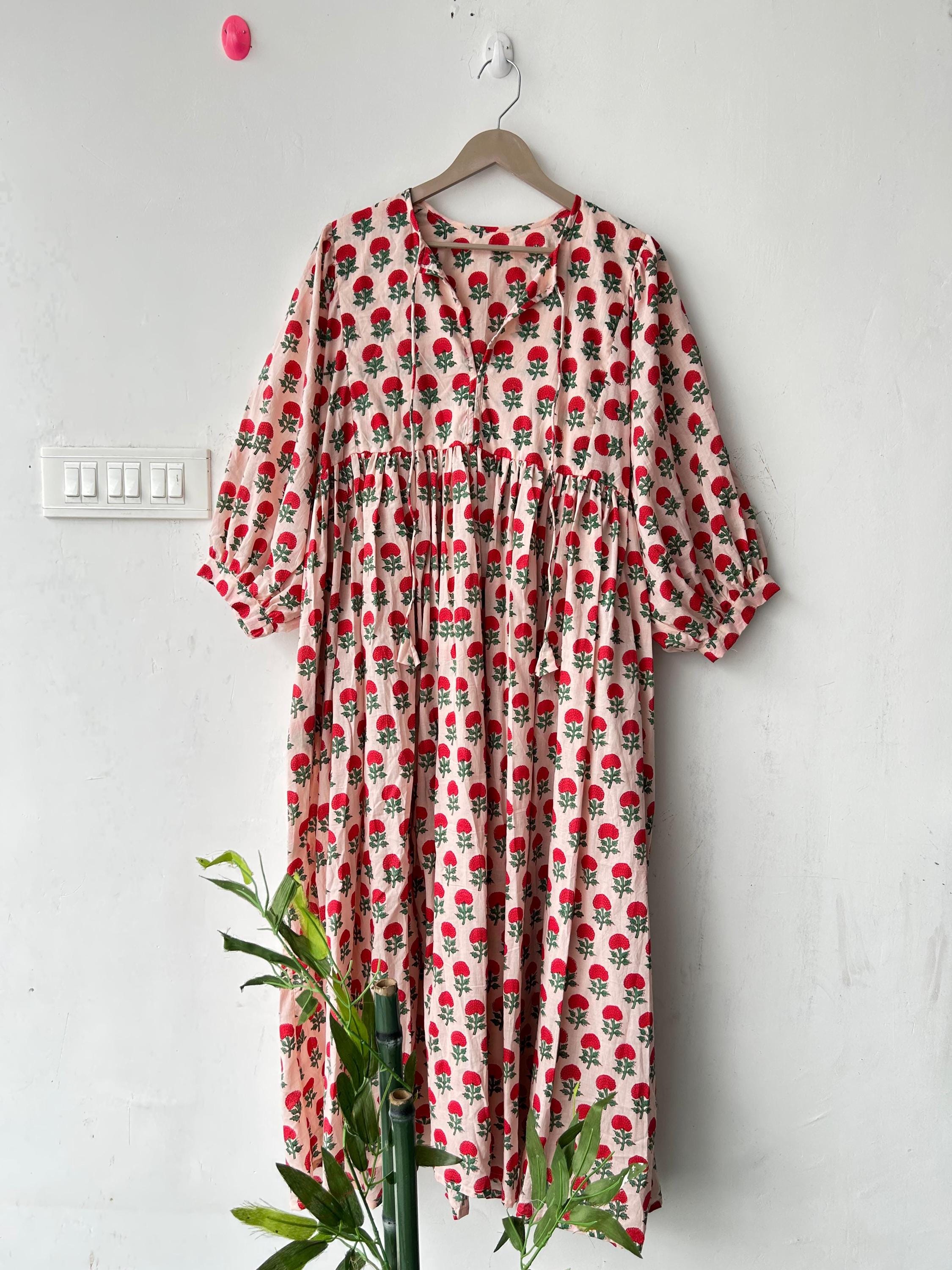 Floral Hand Block Print Cotton Midi Dress - Deep Neck Summer Dress