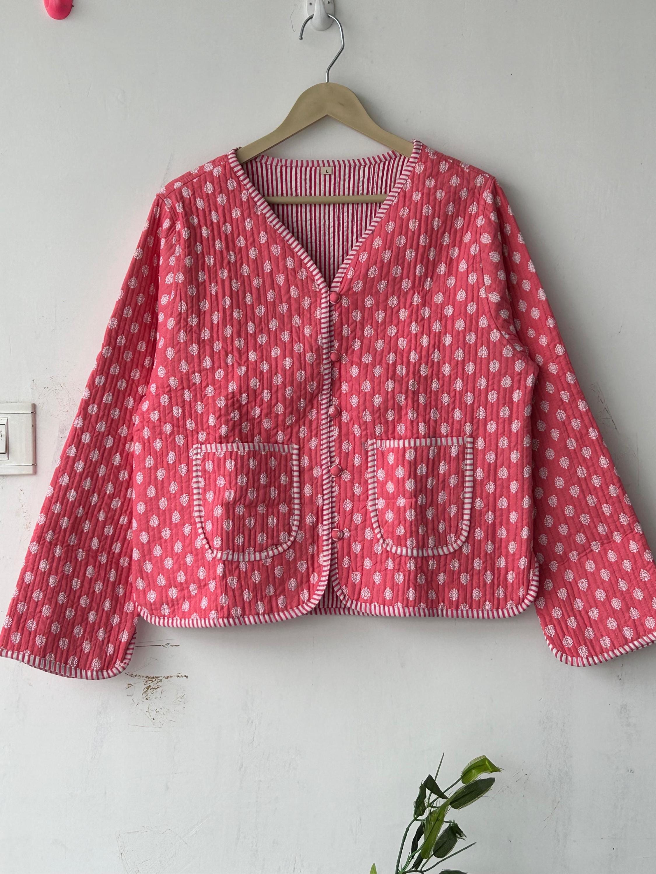 Blue Cotton Quilted Short Jacket: Handmade Block Print Reversible Coat