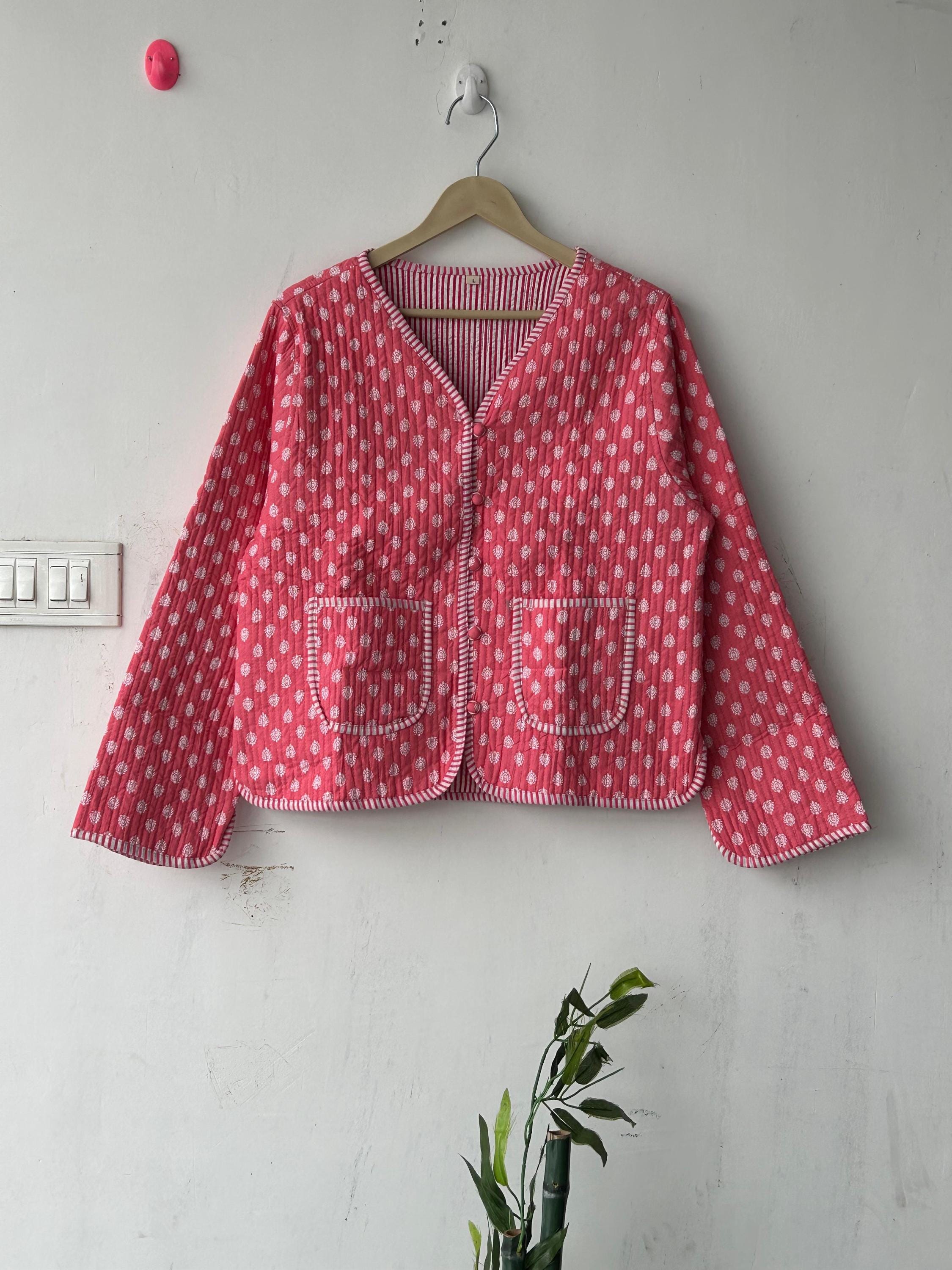 Blue Cotton Quilted Short Jacket: Handmade Block Print Reversible Coat