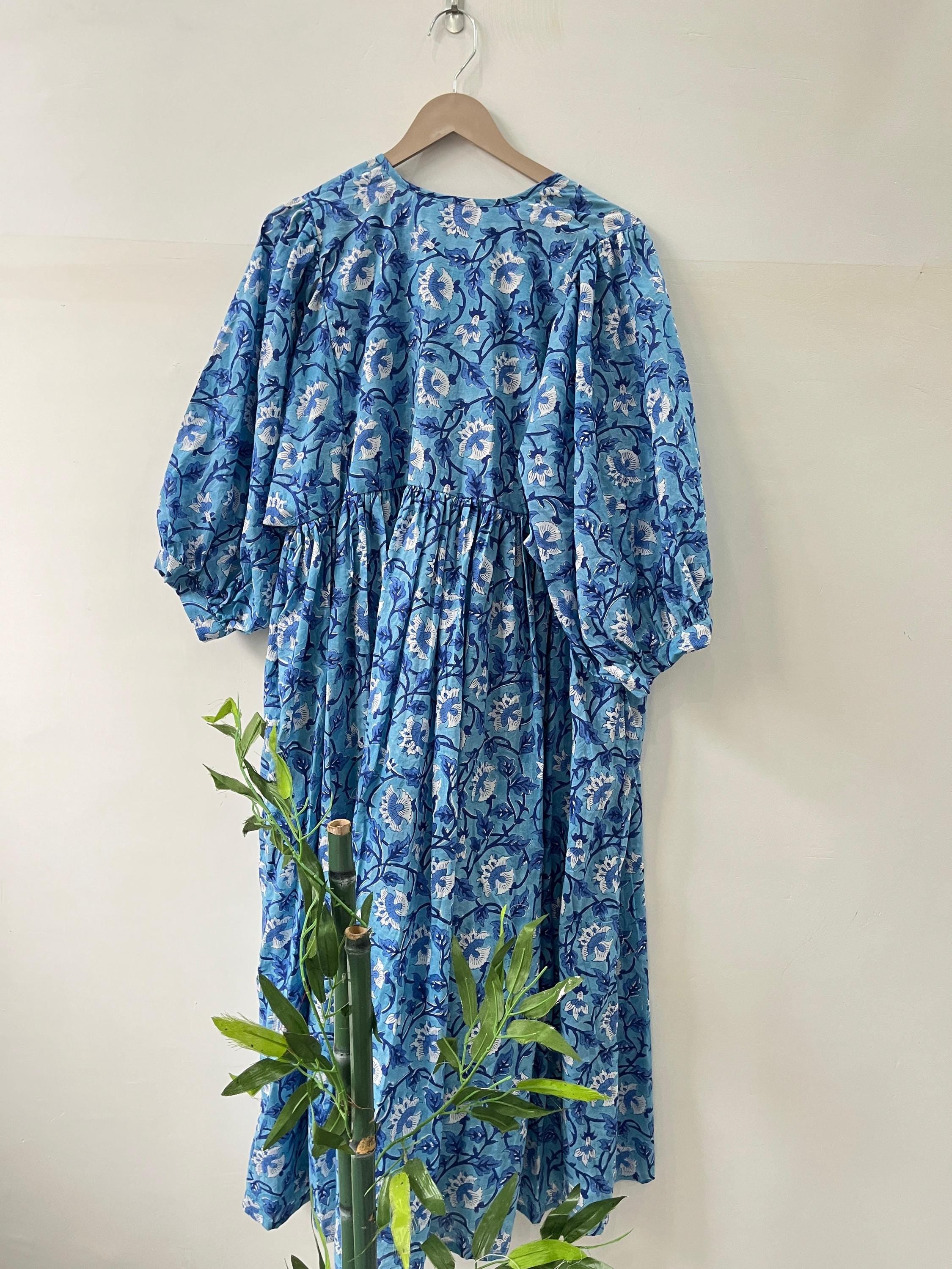 Floral Block Print Cotton Summer Dress: Handcrafted Midi Dress