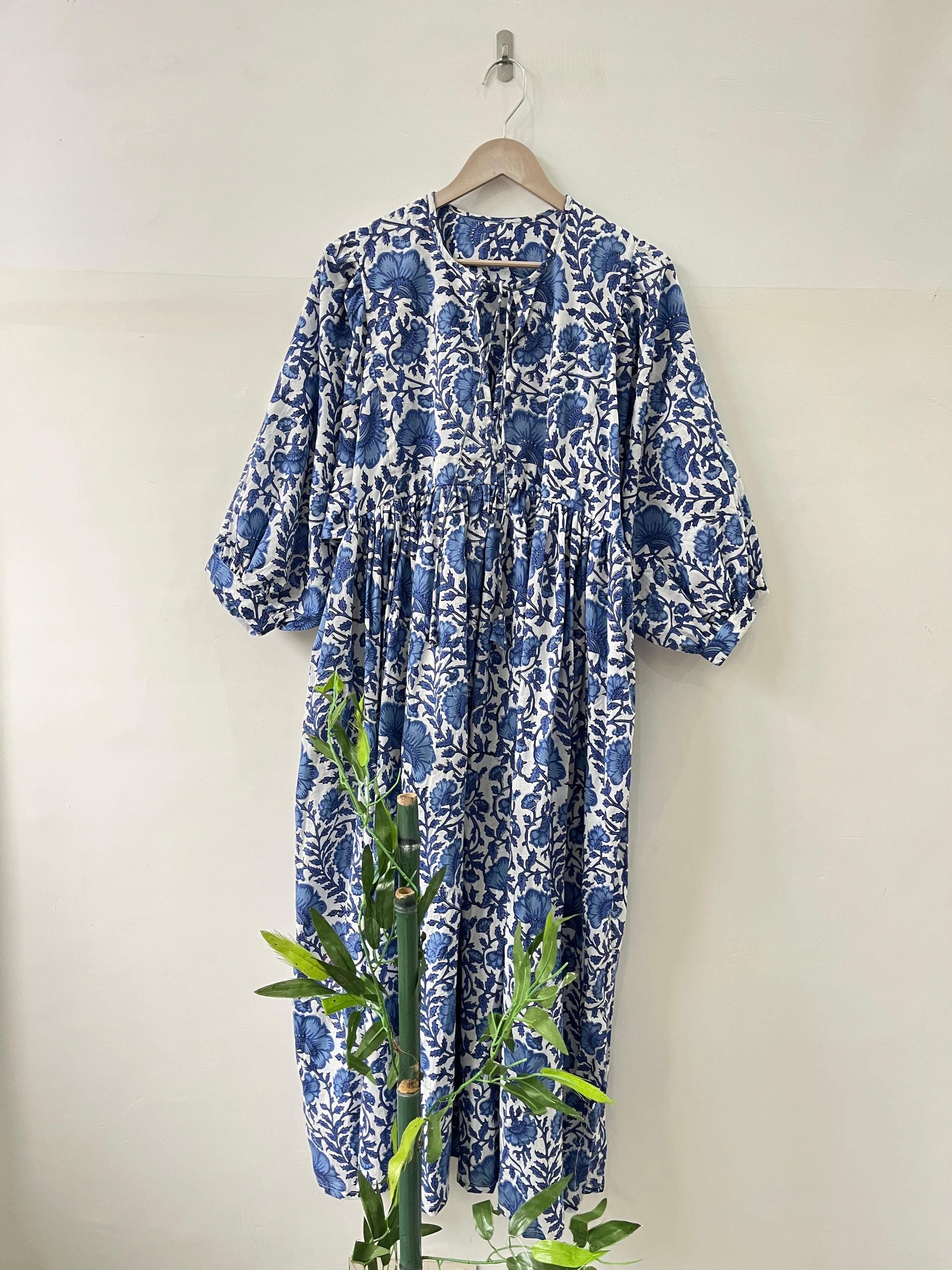 Blue Floral Block Print Cotton Midi Dress: Bohemian Kyra Style