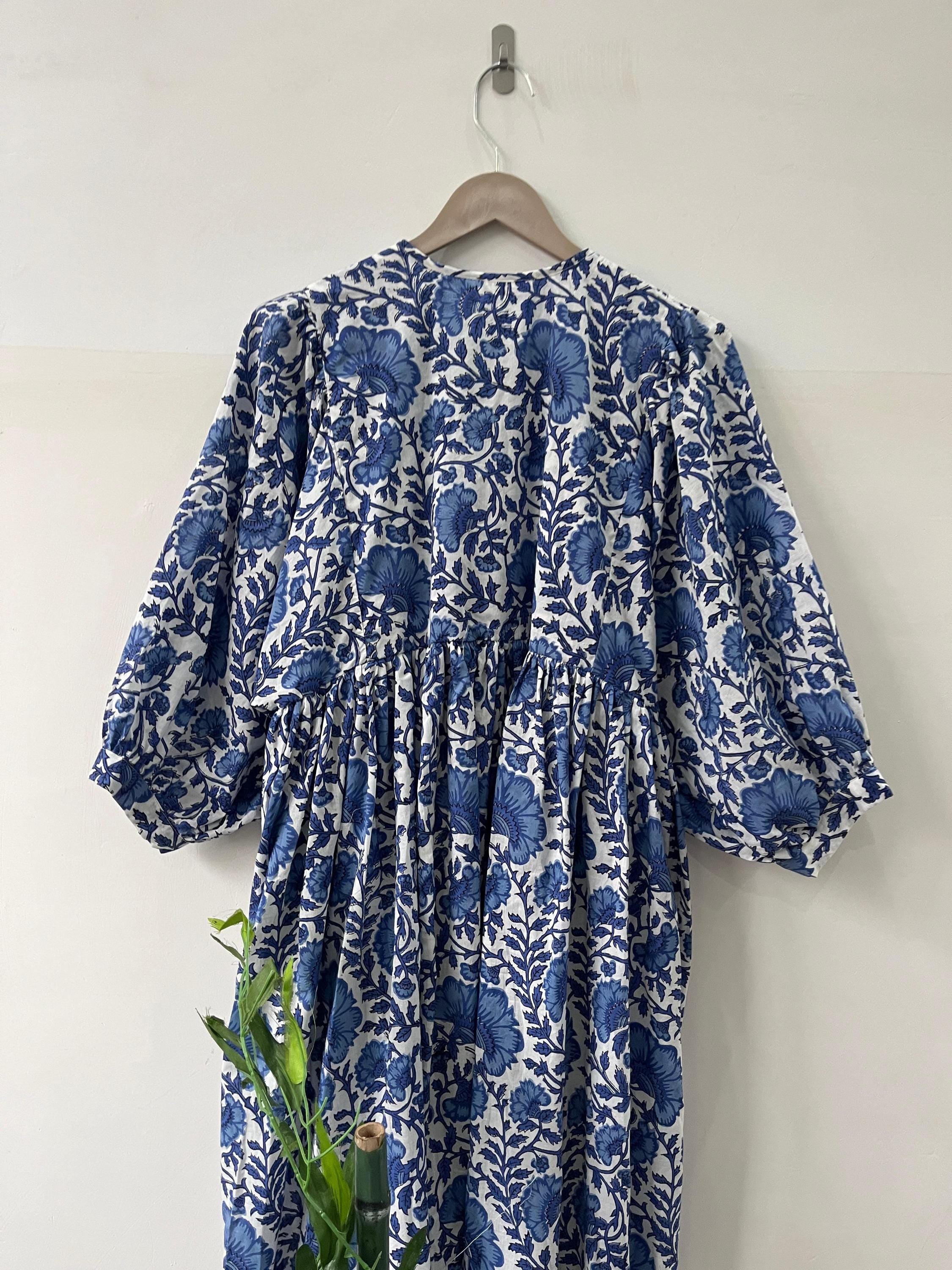 Blue Floral Block Print Cotton Midi Dress: Bohemian Kyra Style
