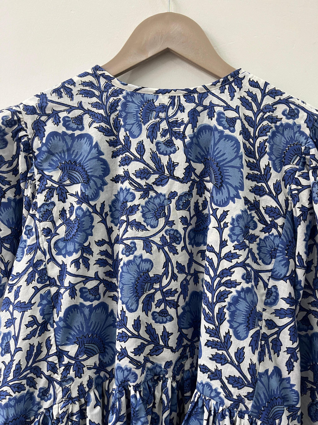 Blue Floral Block Print Cotton Midi Dress: Bohemian Kyra Style