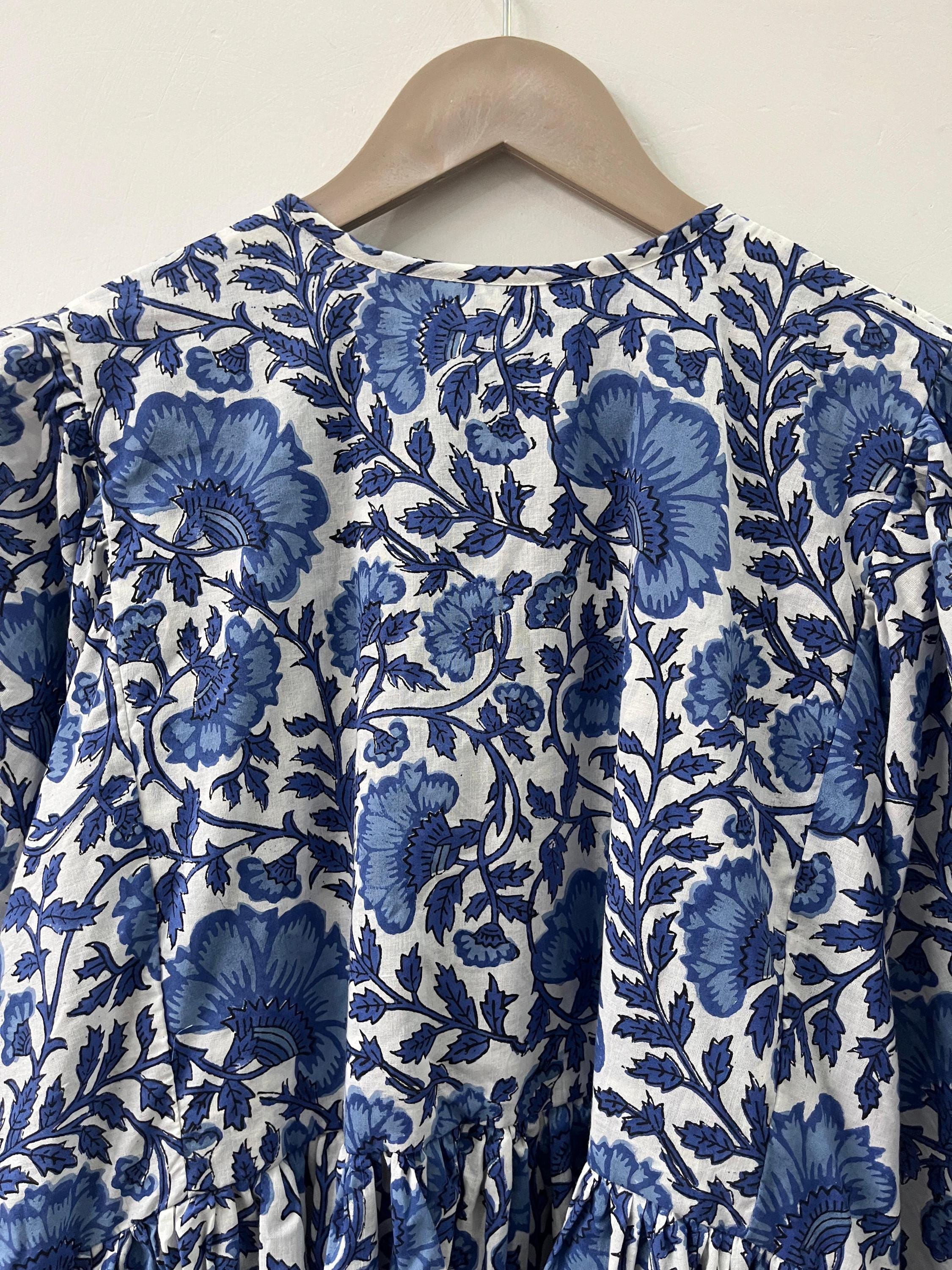 Blue Floral Block Print Cotton Midi Dress: Bohemian Kyra Style