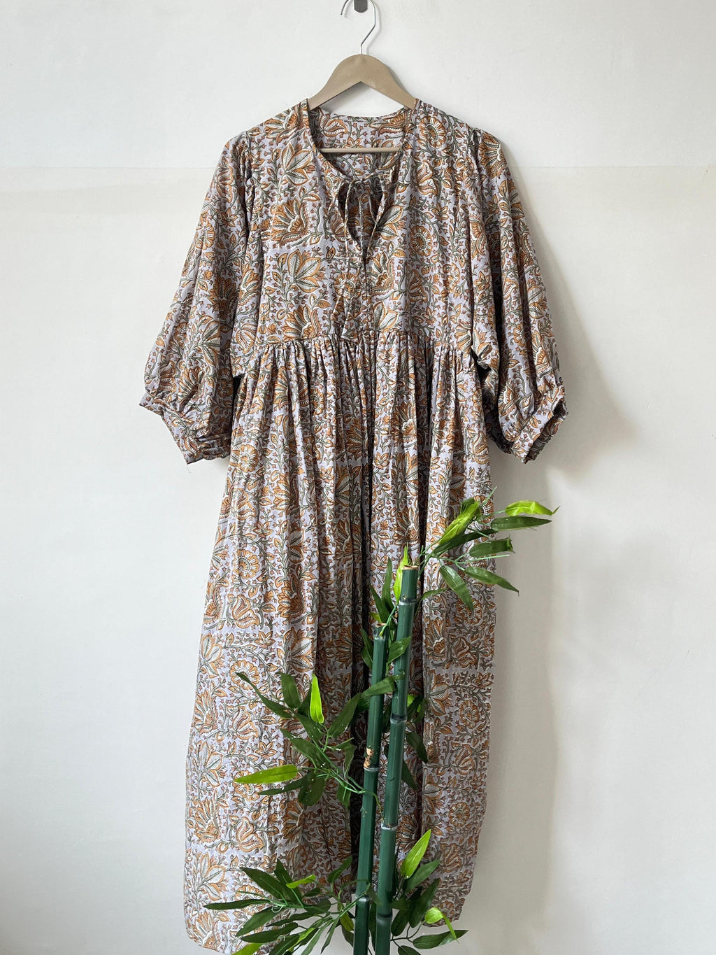 Handblock Printed Cotton Maxi Dress: Rust Floral Boho Balloon Sleeve