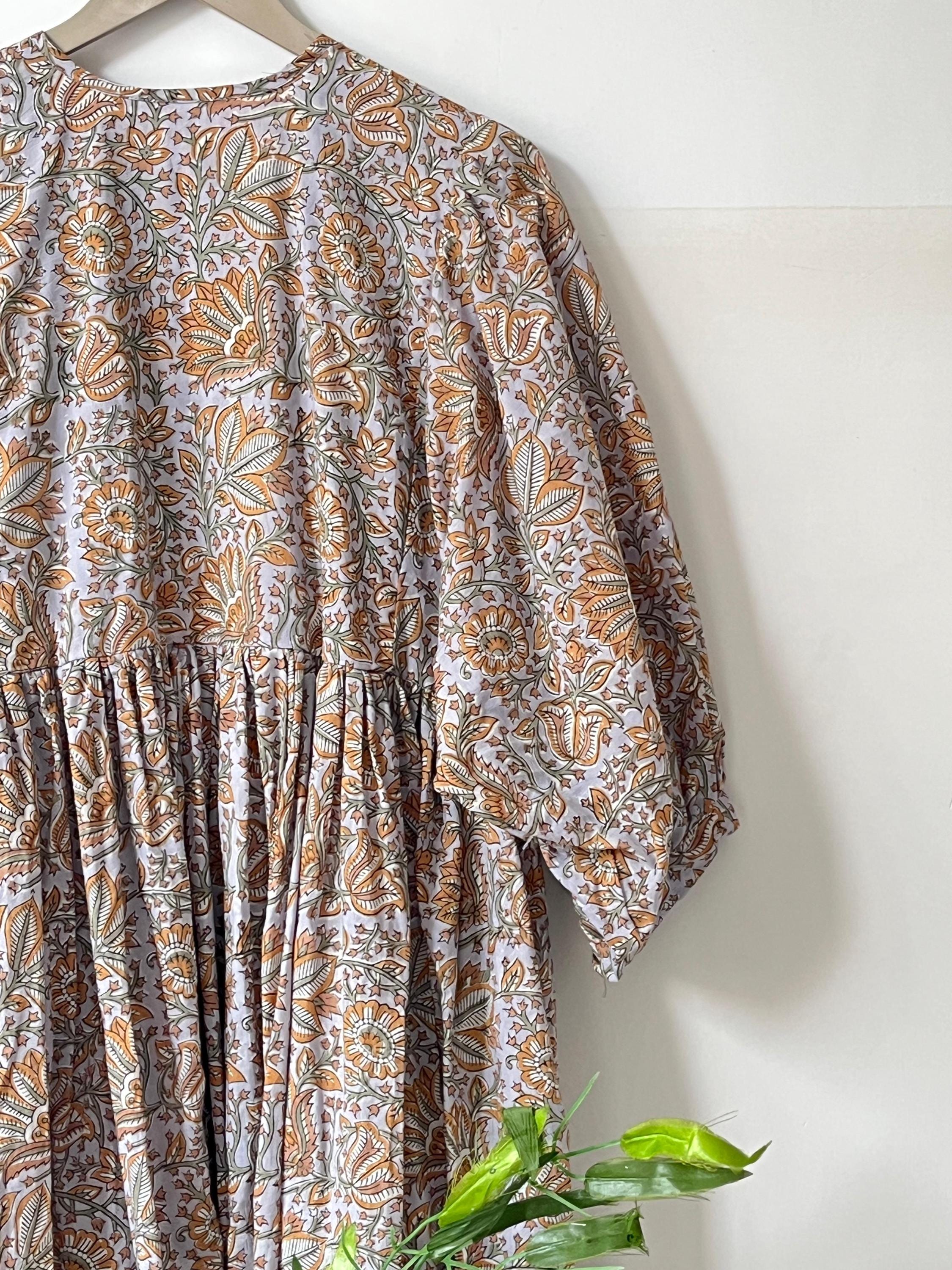 Handblock Printed Cotton Maxi Dress: Rust Floral Boho Balloon Sleeve