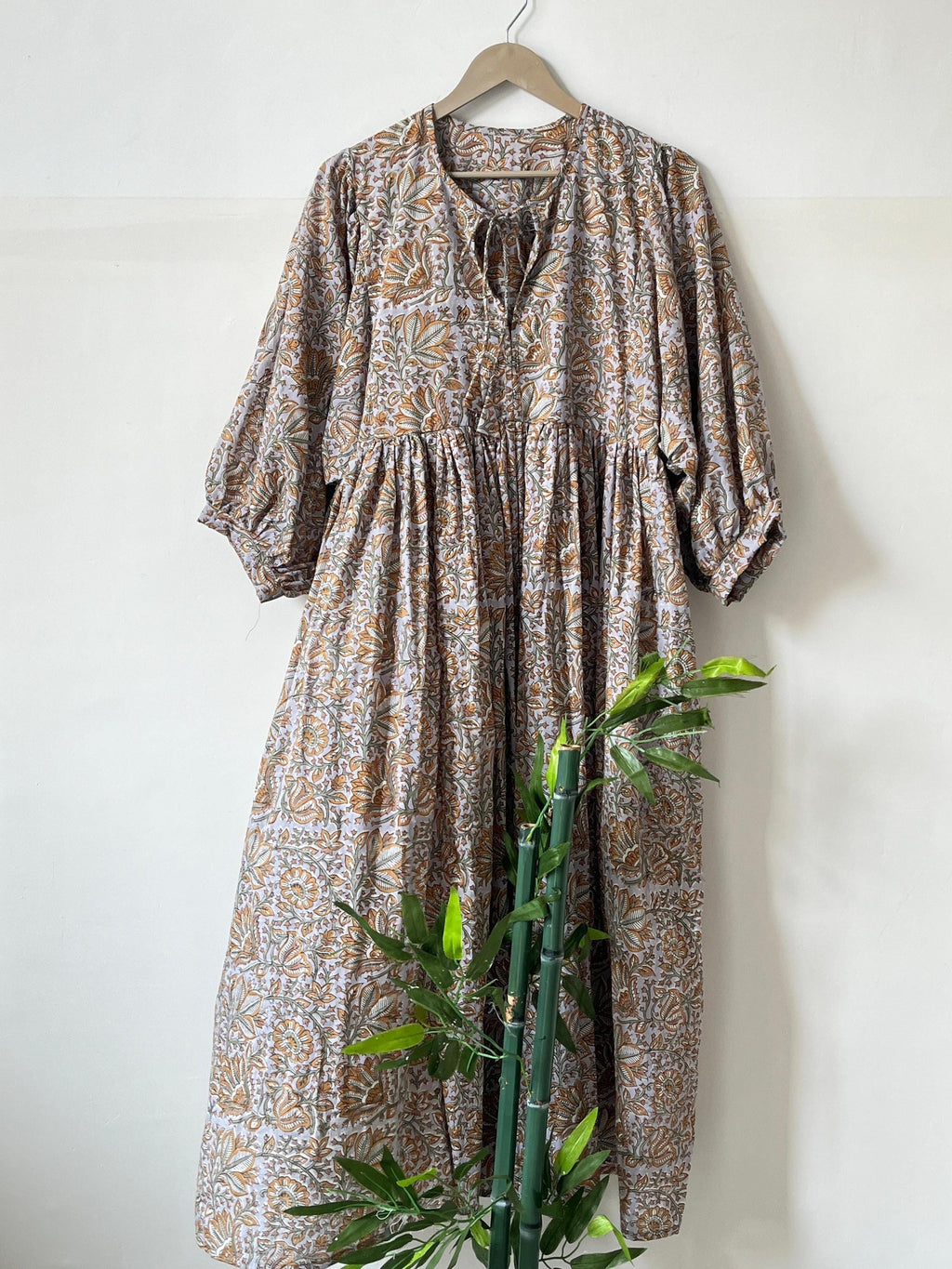 Handblock Printed Cotton Maxi Dress: Rust Floral Boho Balloon Sleeve
