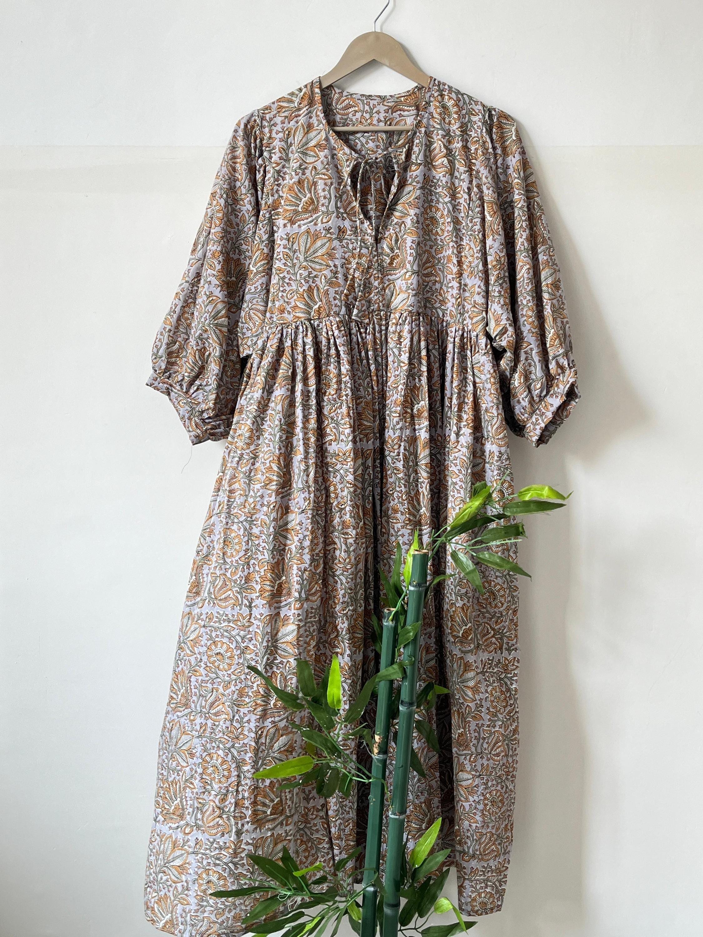 Handblock Printed Cotton Maxi Dress: Rust Floral Boho Balloon Sleeve