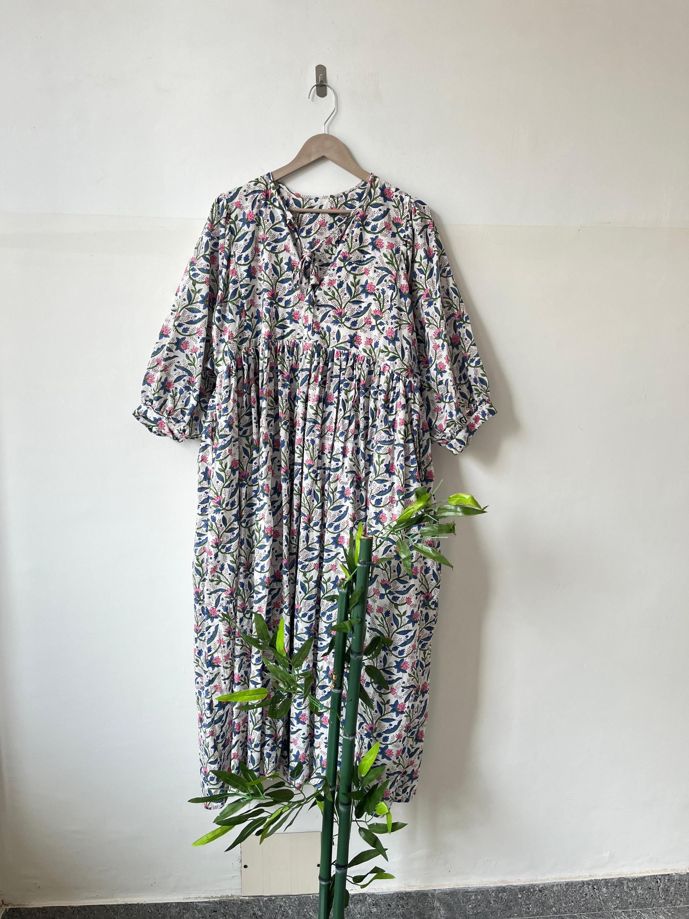 Floral Block Print Cotton Midi Dress: Soft Summer Dress