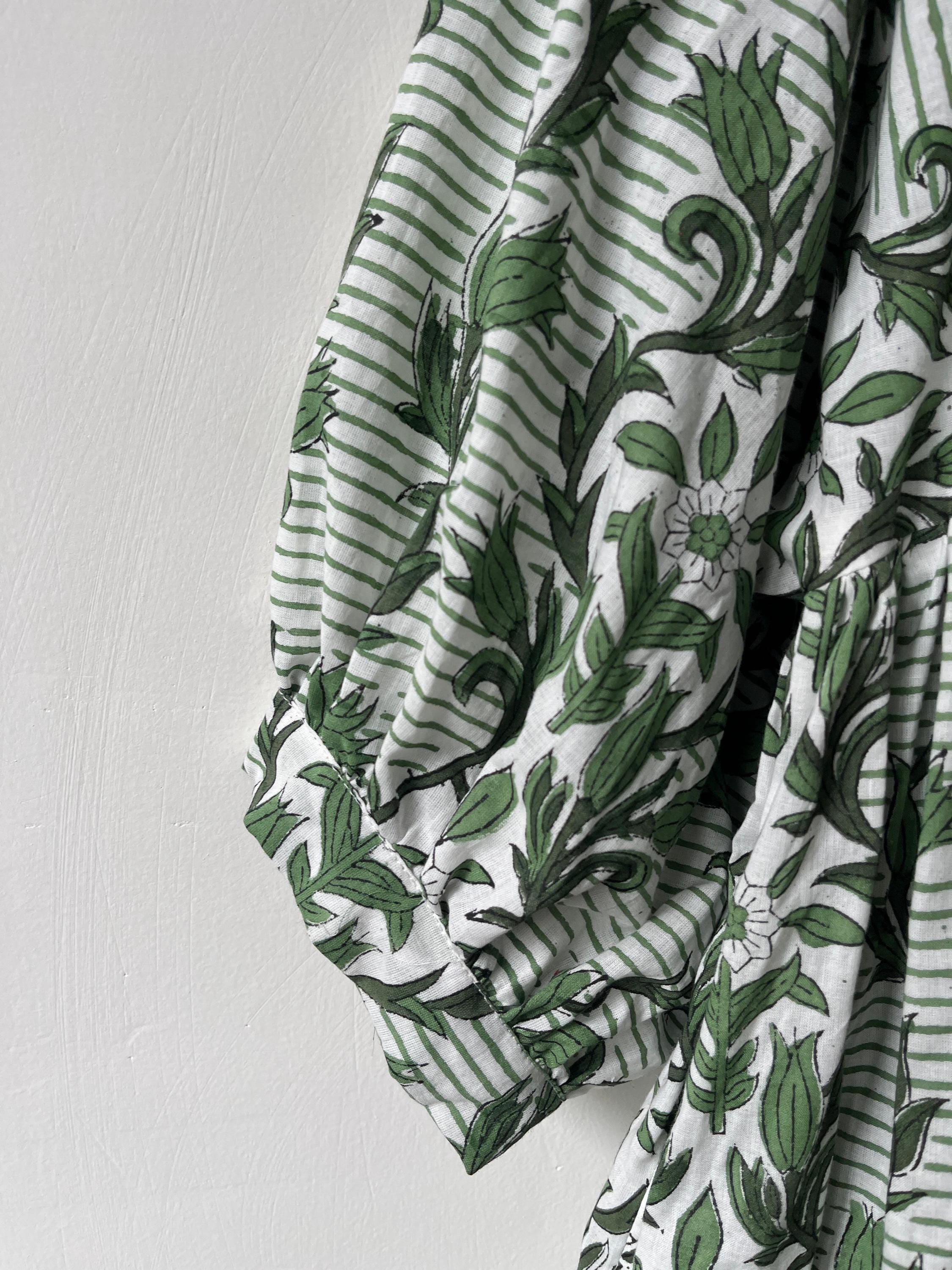 Floral Hand Block Print Cotton Midi Dress - Deep Neck Summer Dress