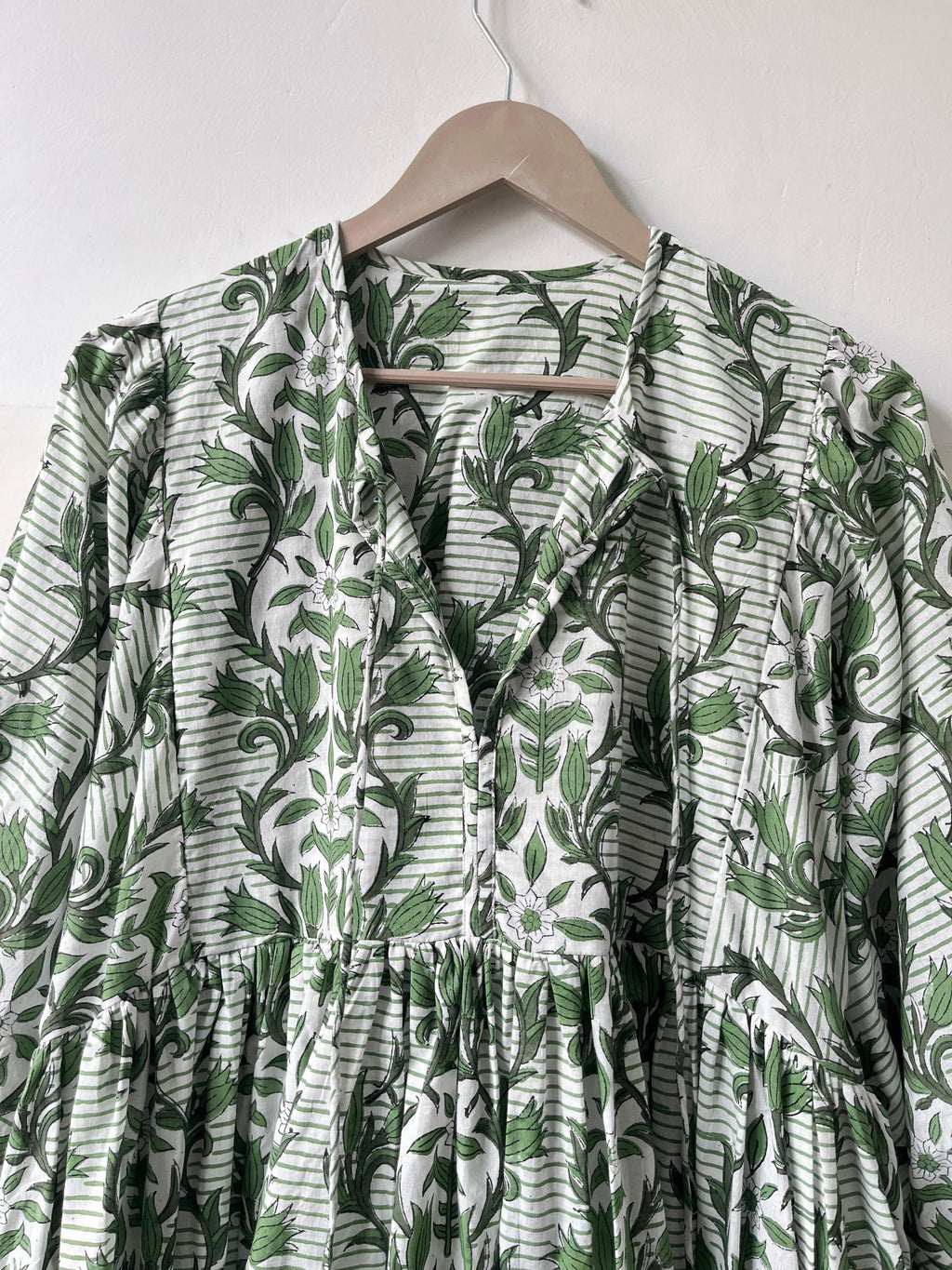 Floral Hand Block Print Cotton Midi Dress - Deep Neck Summer Dress