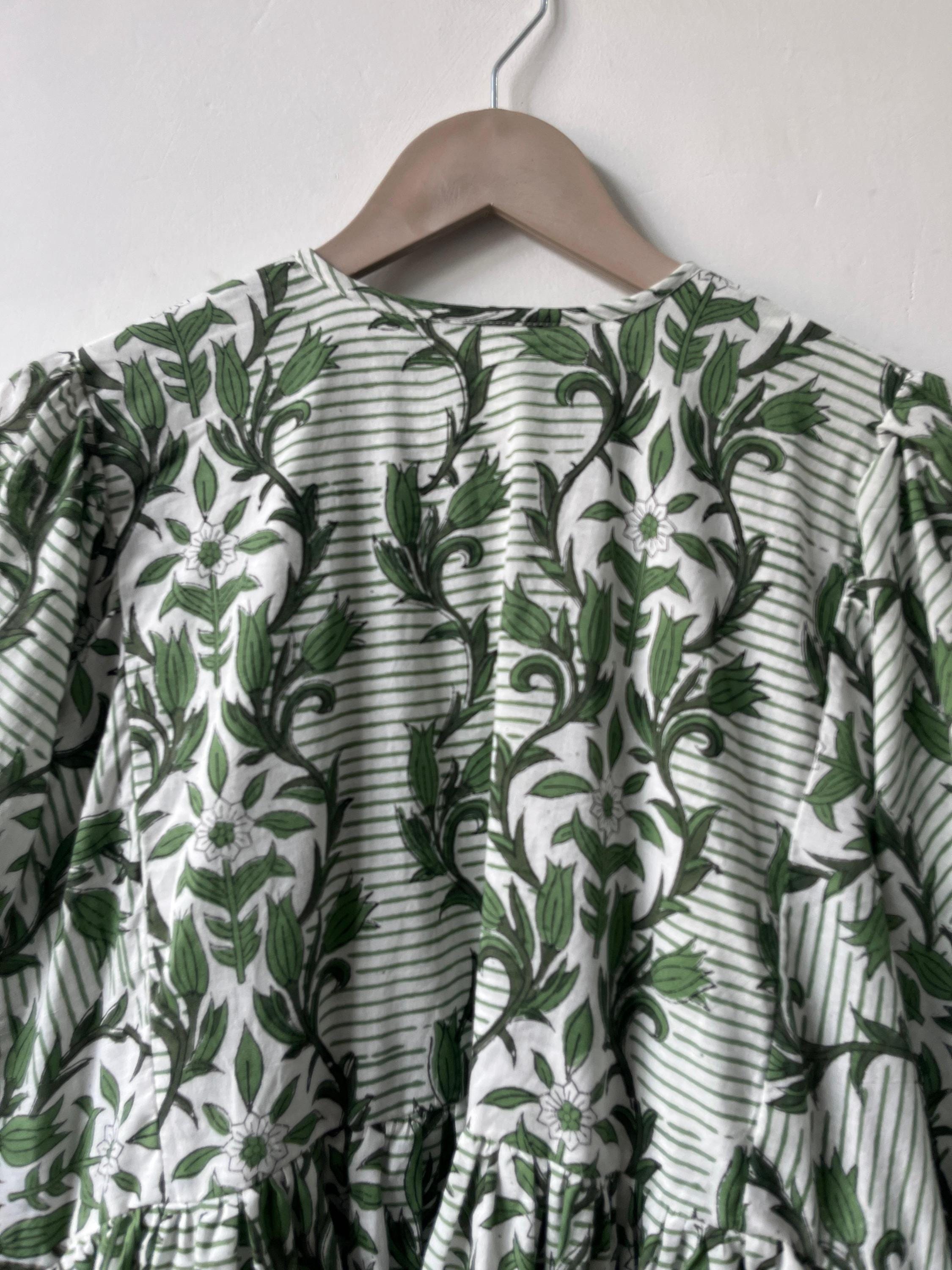 Floral Hand Block Print Cotton Midi Dress - Deep Neck Summer Dress