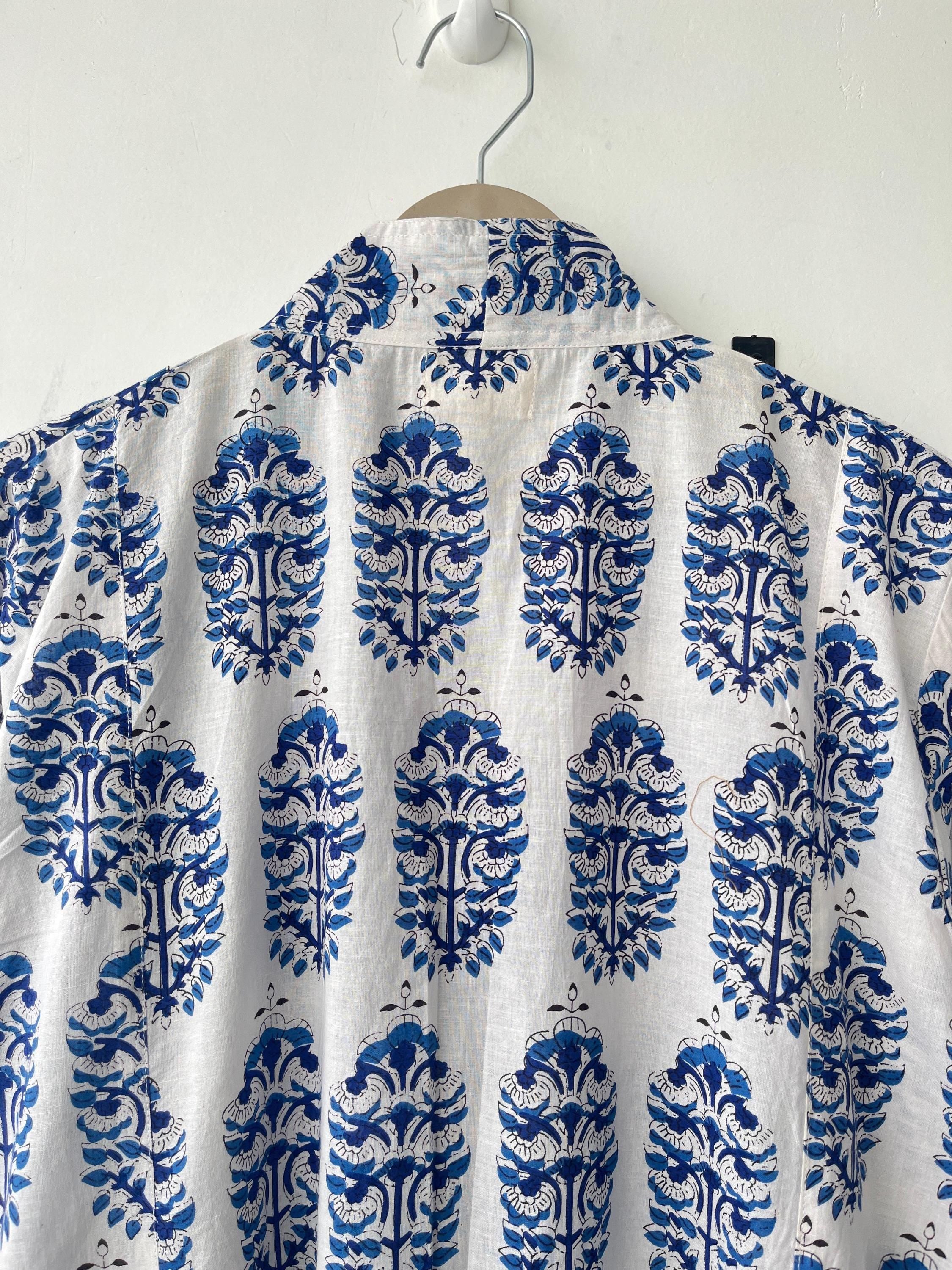 Block Print Cotton Kimono Robe: Lightweight Floral Dressing Gown