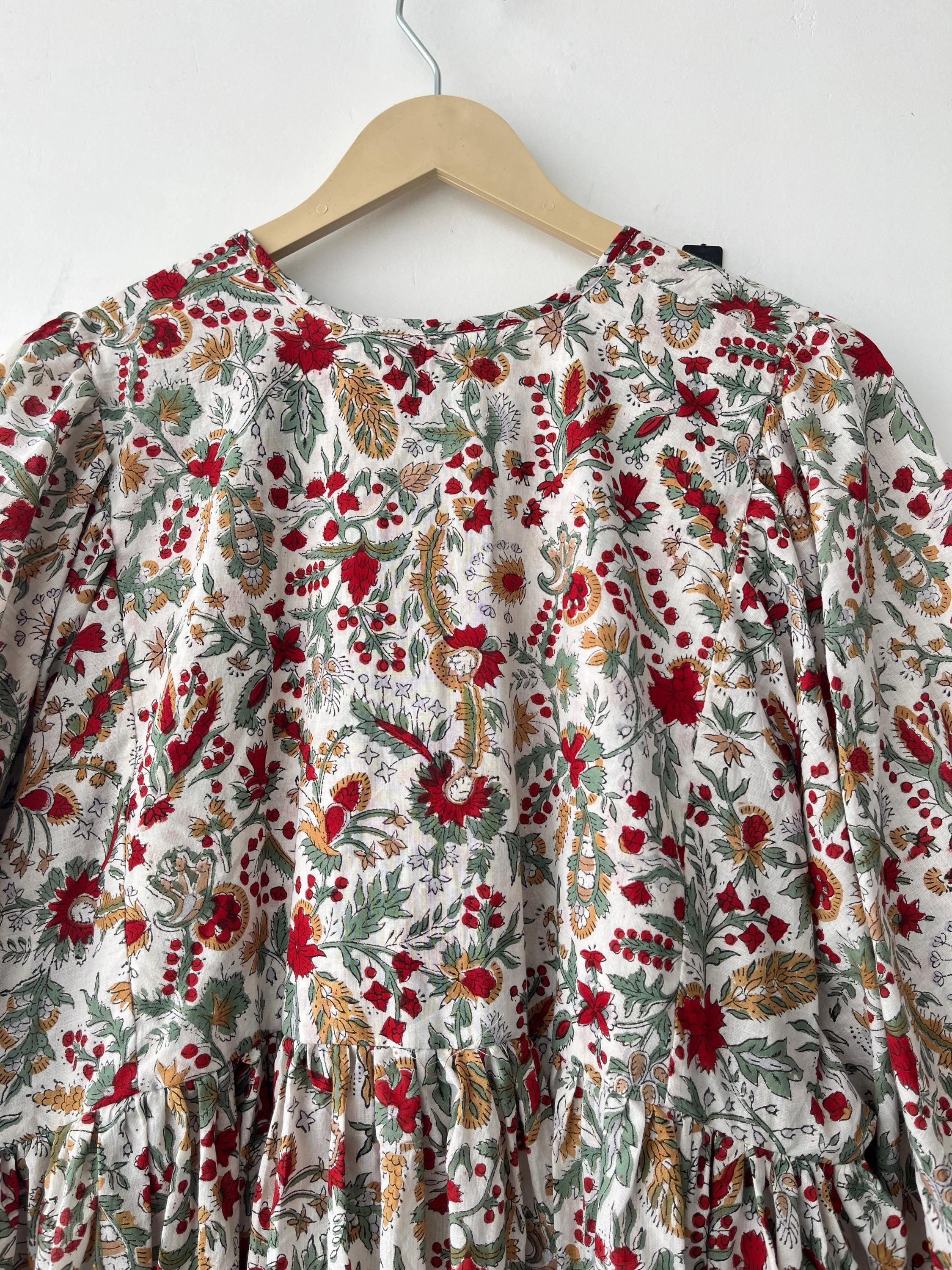 Floral Block Print Cotton Midi Dress - Deep Neck Summer Dress