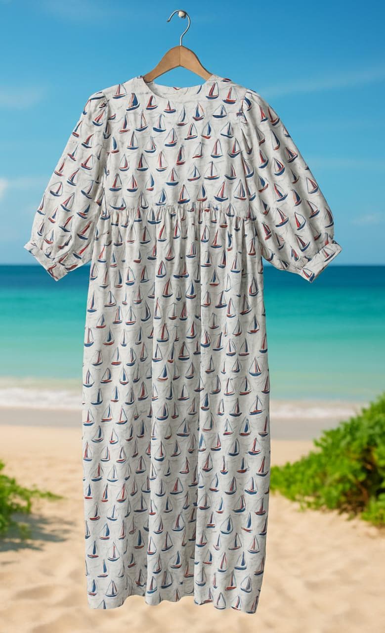 Floral Hand Block Print Cotton Midi Dress: Deep Neck Summer Dress