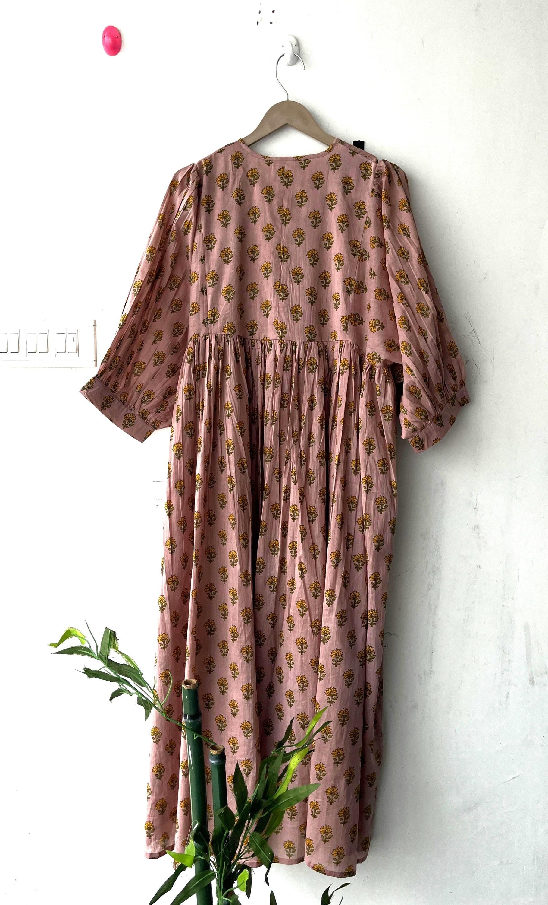 Floral Block Print Cotton Midi Dress: Ethically Handcrafted Summer Dress