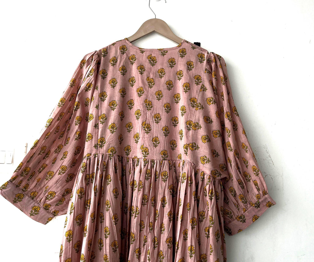 Floral Block Print Cotton Midi Dress: Ethically Handcrafted Summer Dress