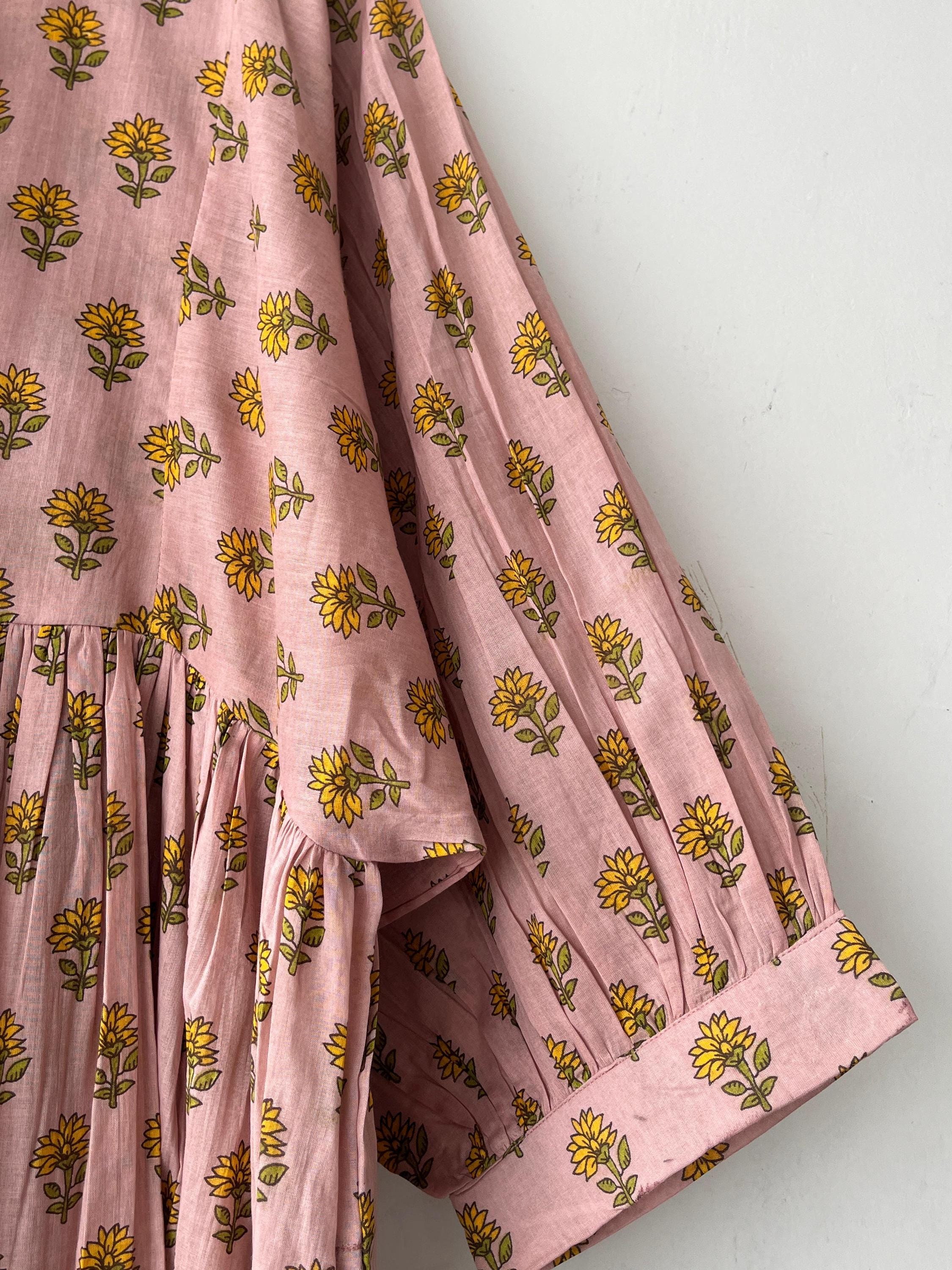 Floral Block Print Cotton Midi Dress: Ethically Handcrafted Summer Dress