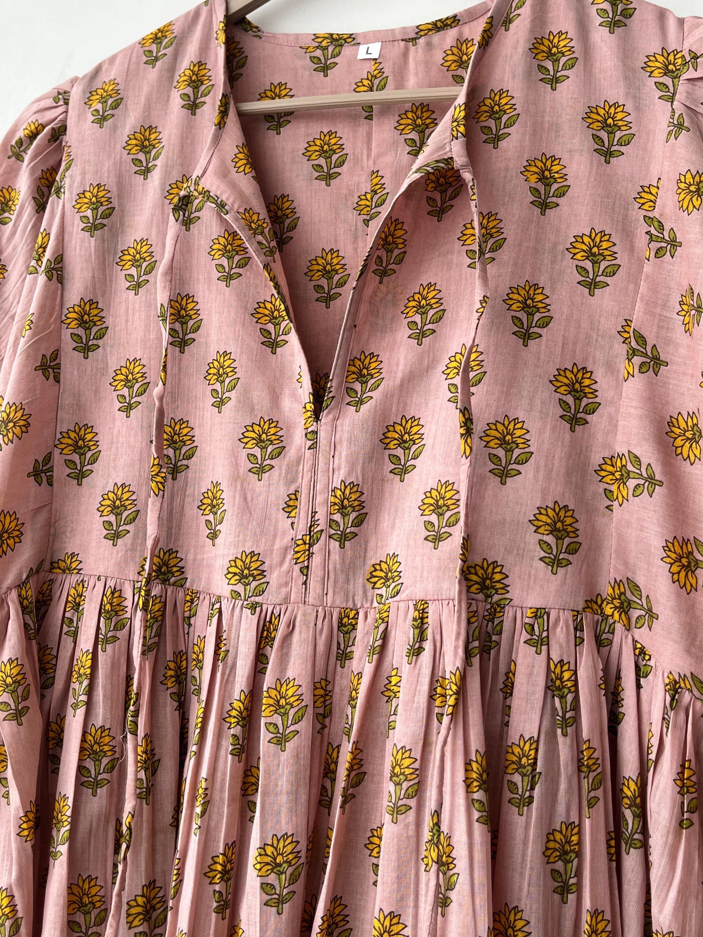 Floral Block Print Cotton Midi Dress: Ethically Handcrafted Summer Dress