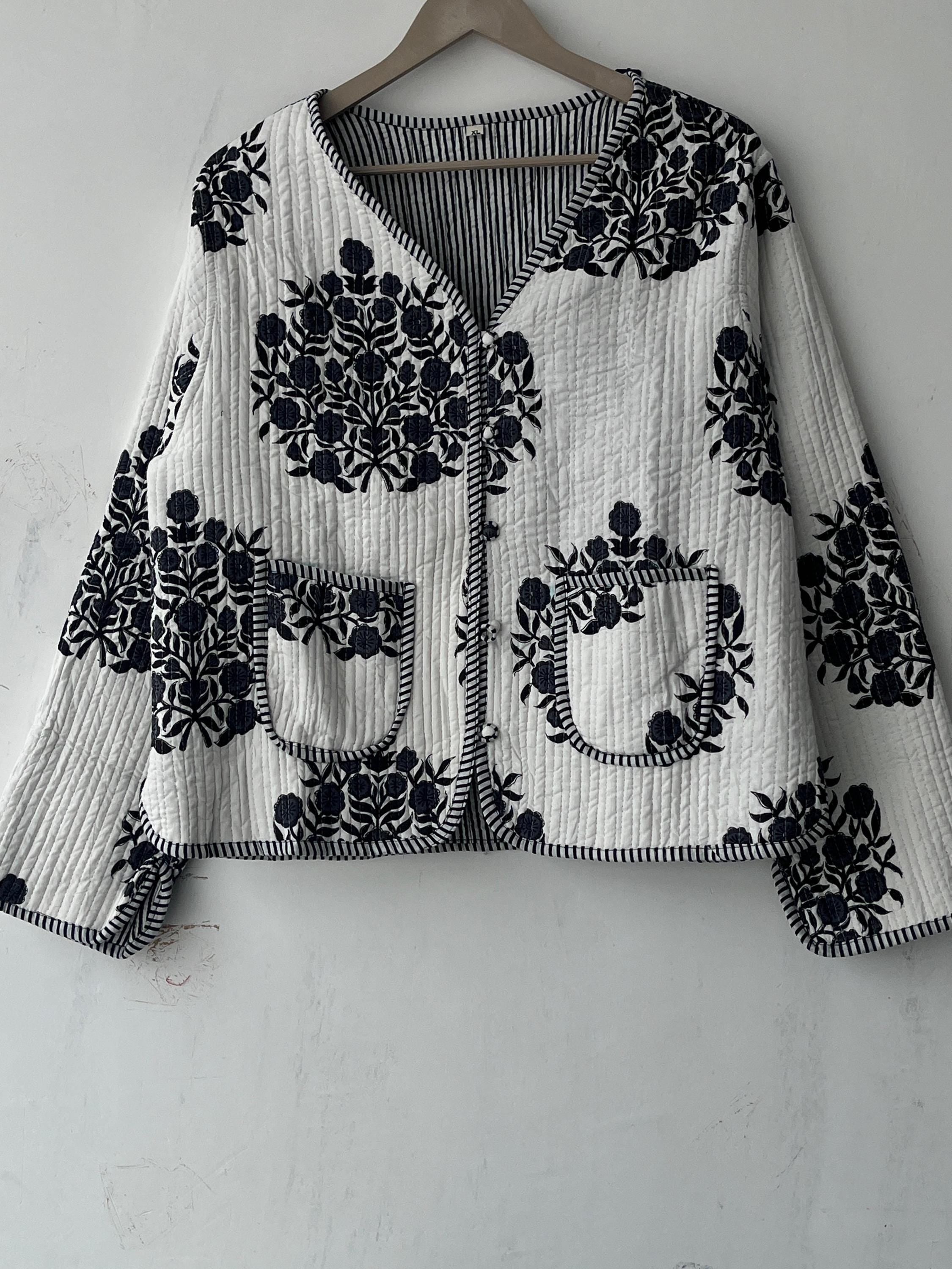 Block Printed Cotton Quilted Jacket - Boho Handmade Women's Coat