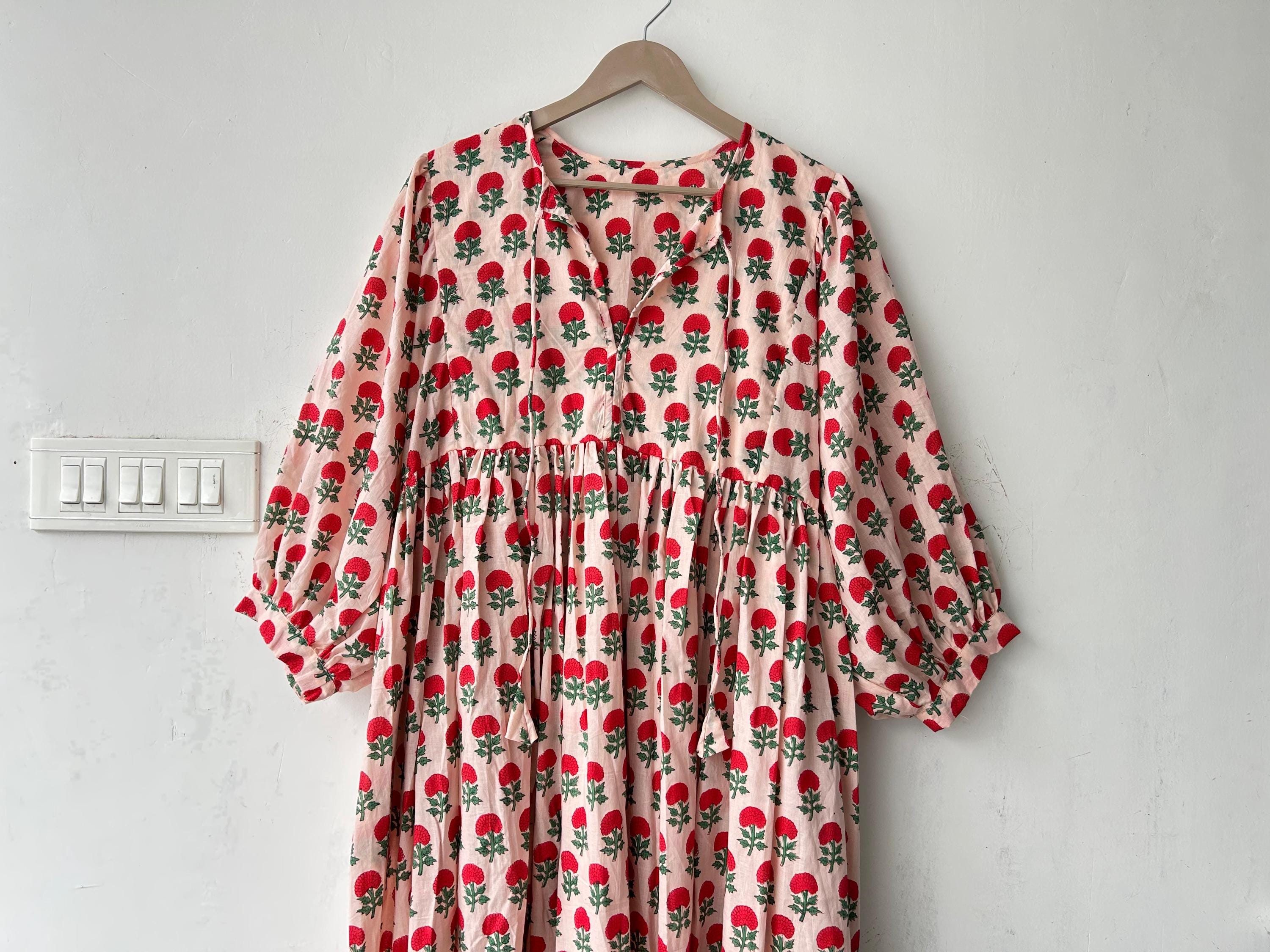 Floral Hand Block Print Cotton Midi Dress - Deep Neck Summer Dress