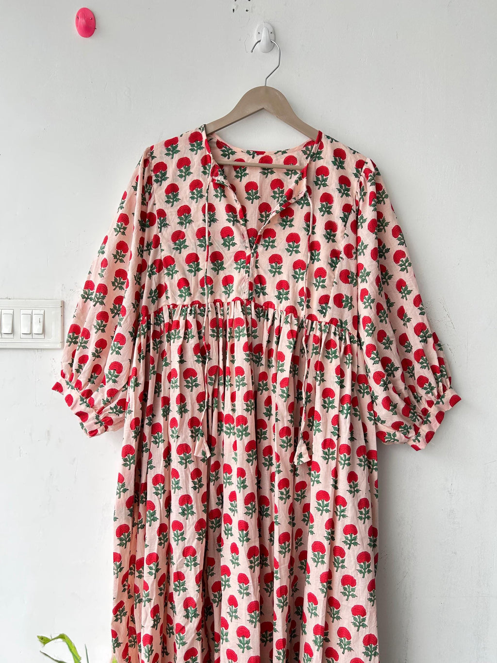 Floral Hand Block Print Cotton Midi Dress - Deep Neck Summer Dress