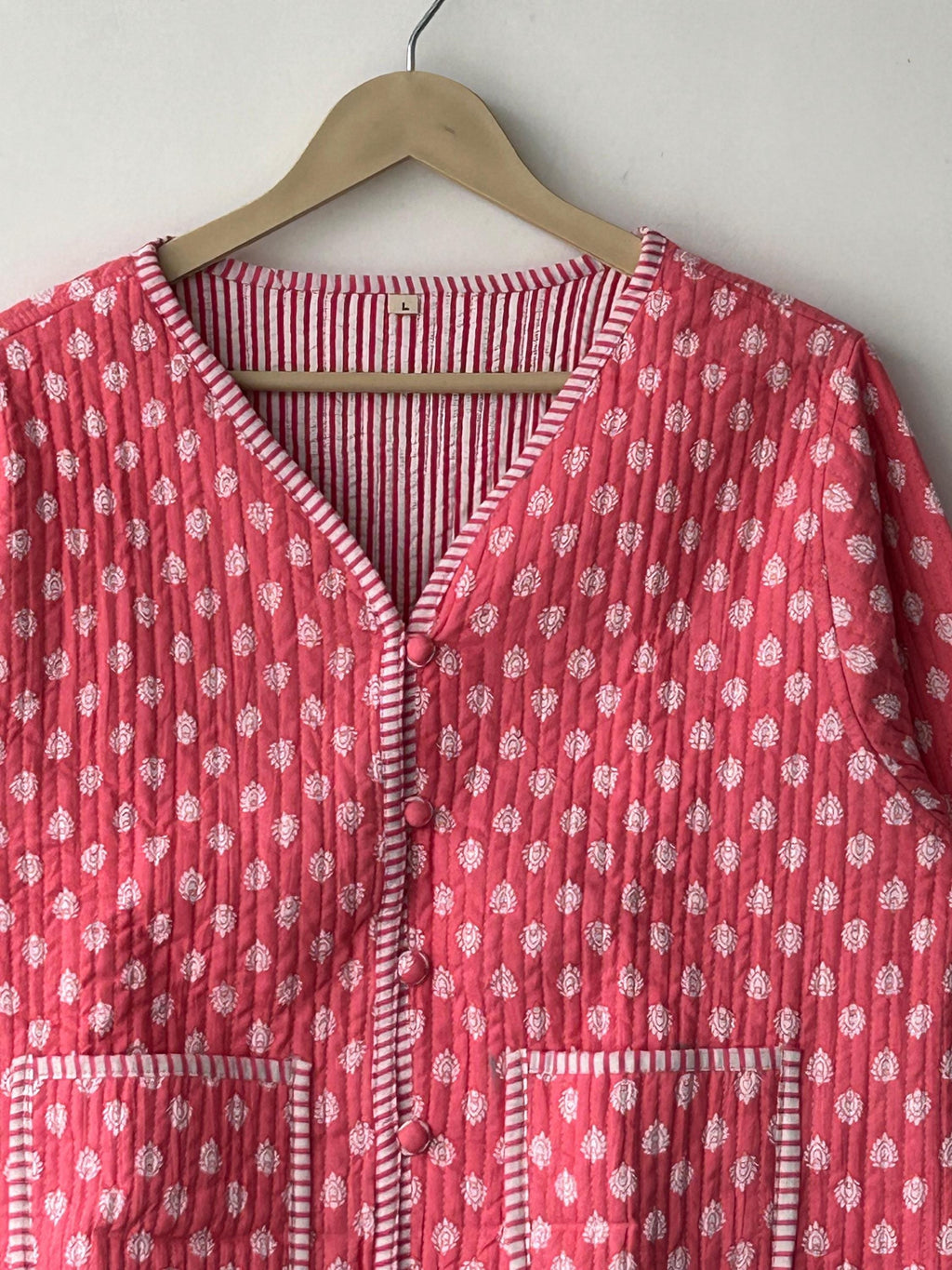 Blue Cotton Quilted Short Jacket: Handmade Block Print Reversible Coat