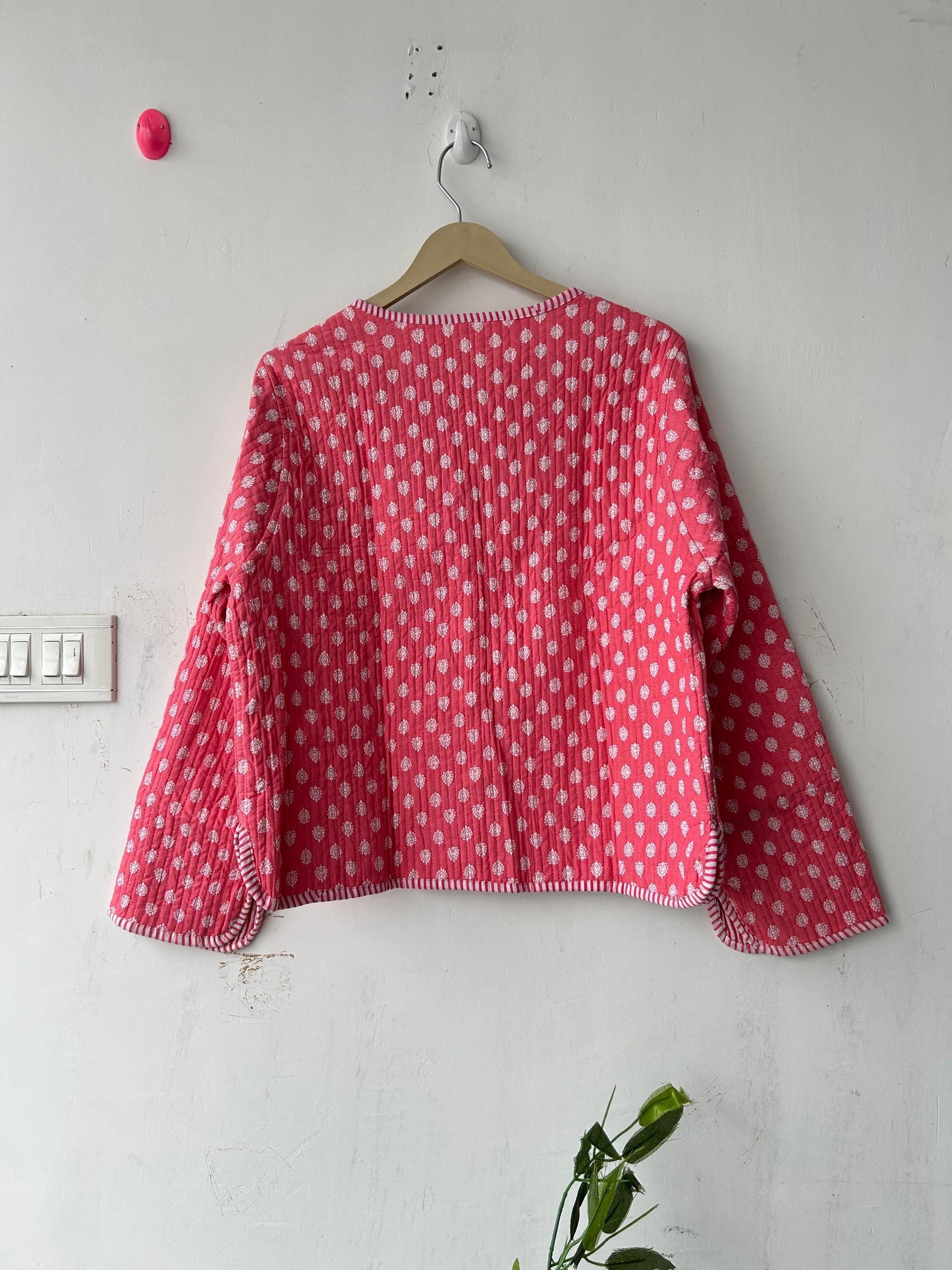 Blue Cotton Quilted Short Jacket: Handmade Block Print Reversible Coat