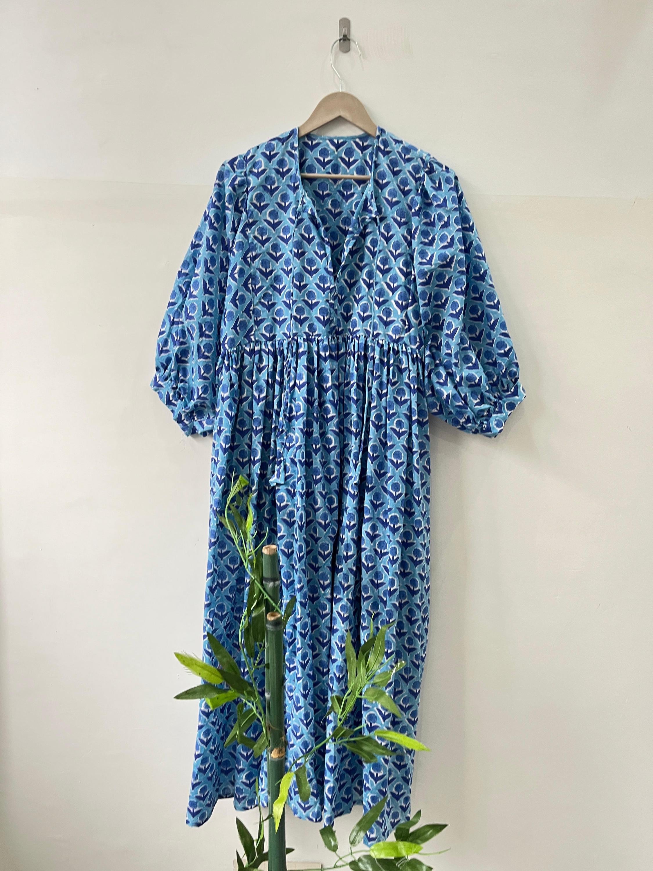 Floral Block Print Cotton Summer Dress: Handcrafted Midi Dress