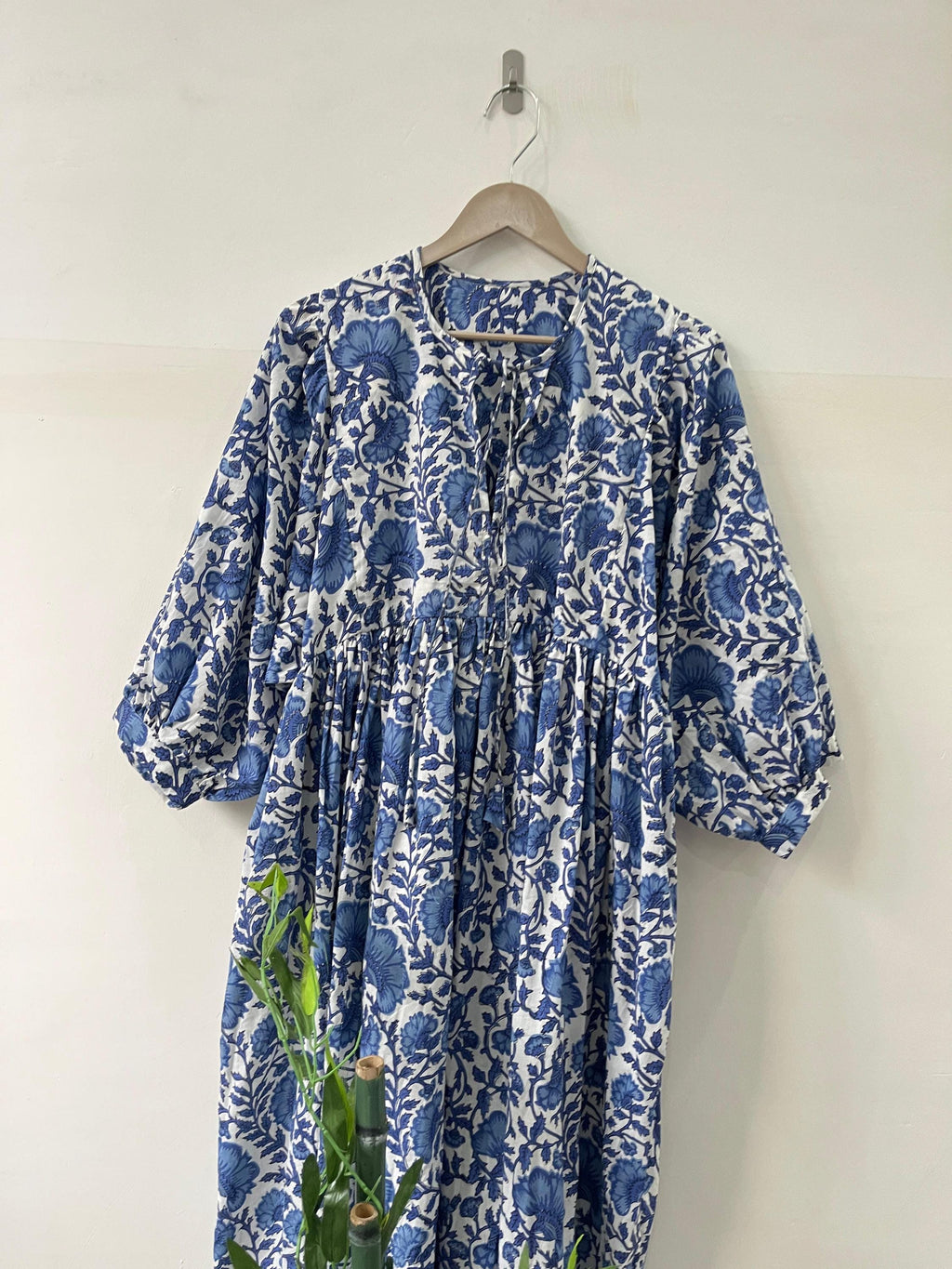 Blue Floral Block Print Cotton Midi Dress: Bohemian Kyra Style