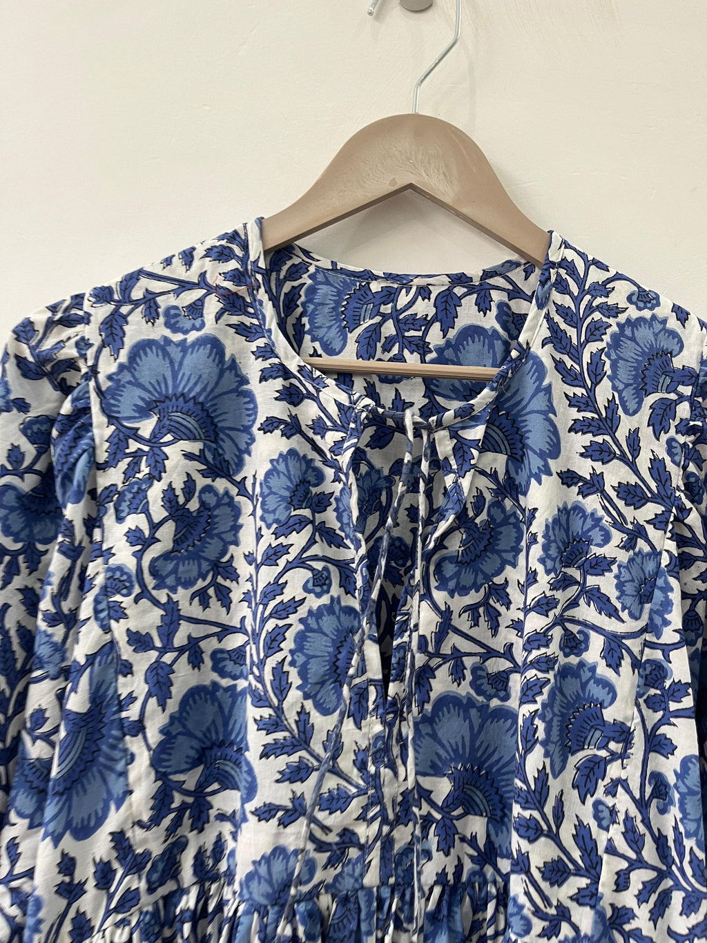 Blue Floral Block Print Cotton Midi Dress: Bohemian Kyra Style