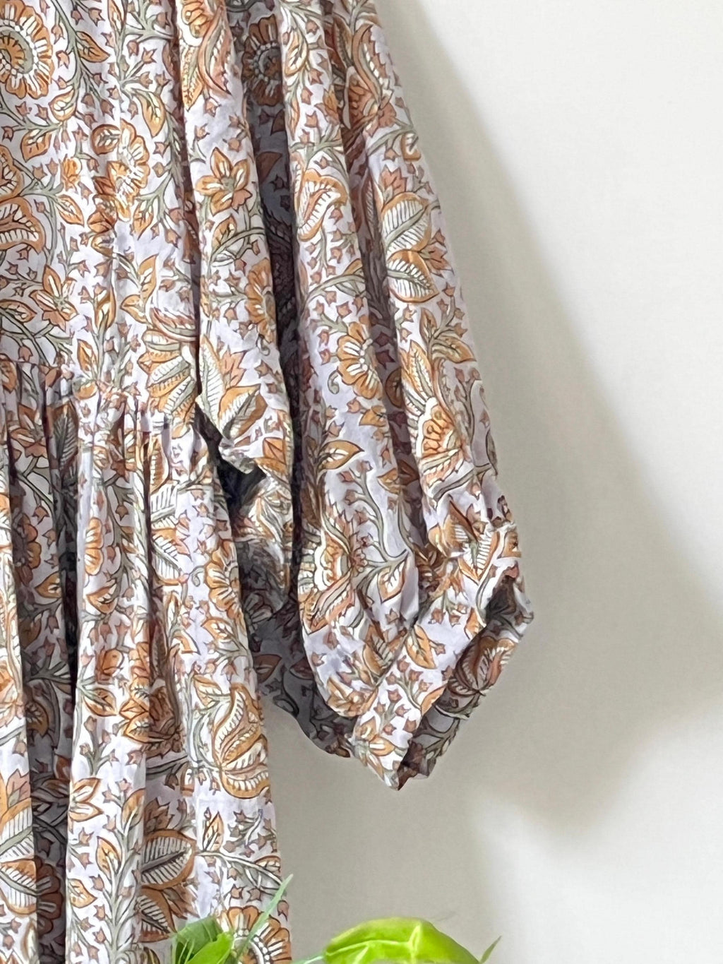Handblock Printed Cotton Maxi Dress: Rust Floral Boho Balloon Sleeve