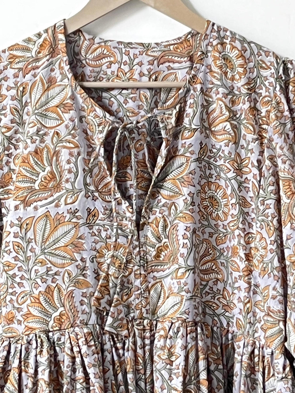 Handblock Printed Cotton Maxi Dress: Rust Floral Boho Balloon Sleeve