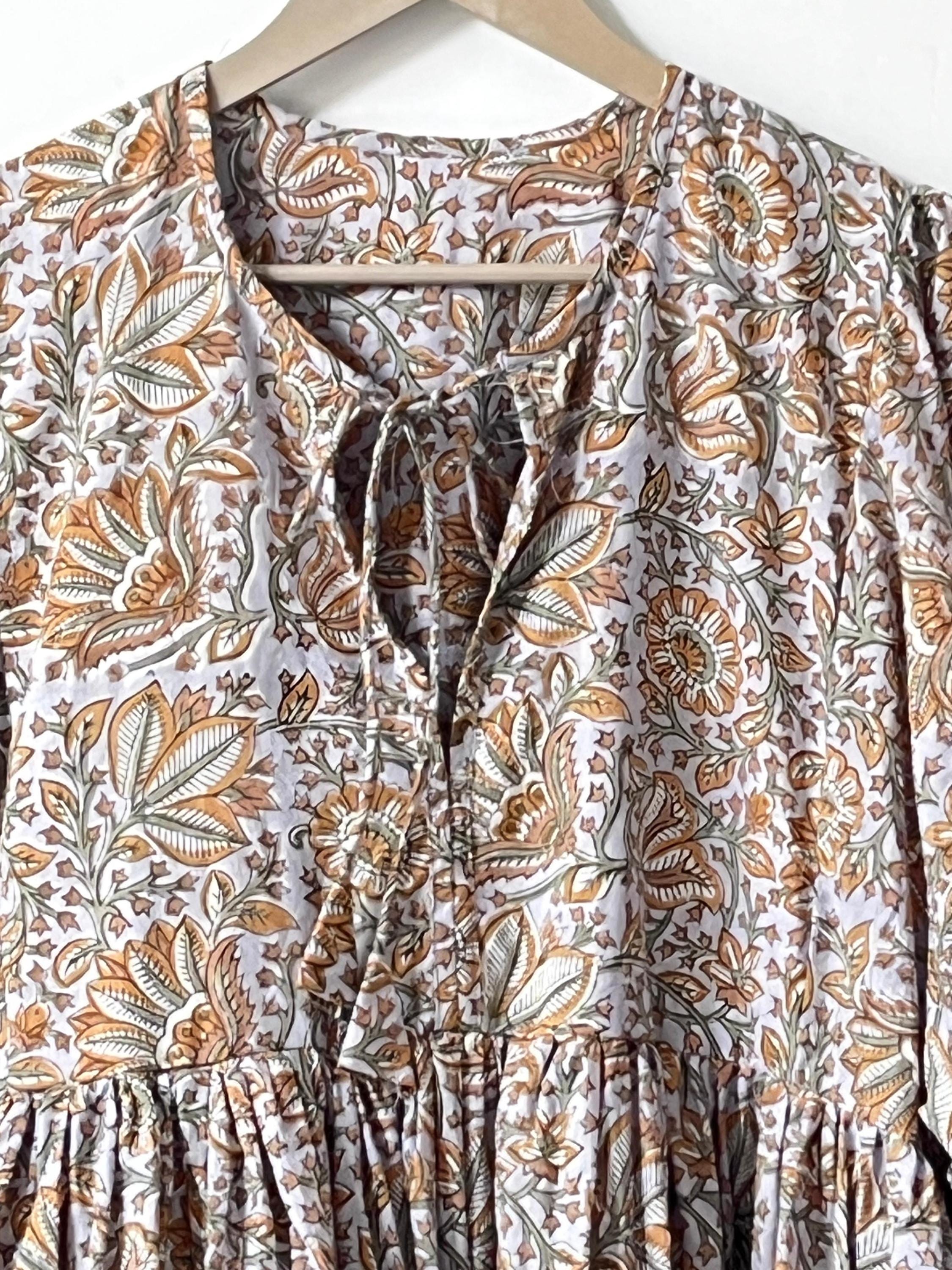 Handblock Printed Cotton Maxi Dress: Rust Floral Boho Balloon Sleeve