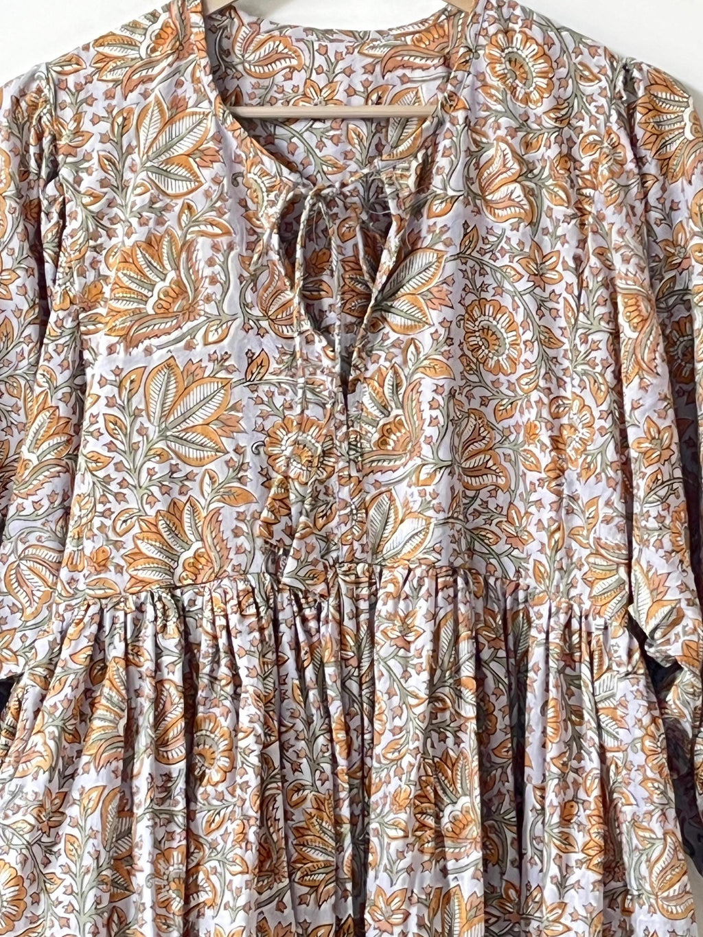 Handblock Printed Cotton Maxi Dress: Rust Floral Boho Balloon Sleeve