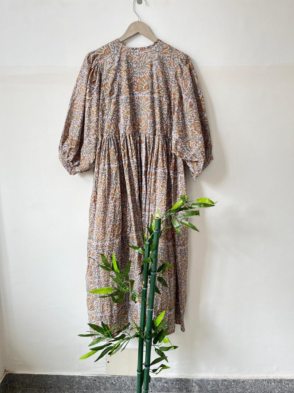 Handblock Printed Cotton Maxi Dress: Rust Floral Boho Balloon Sleeve
