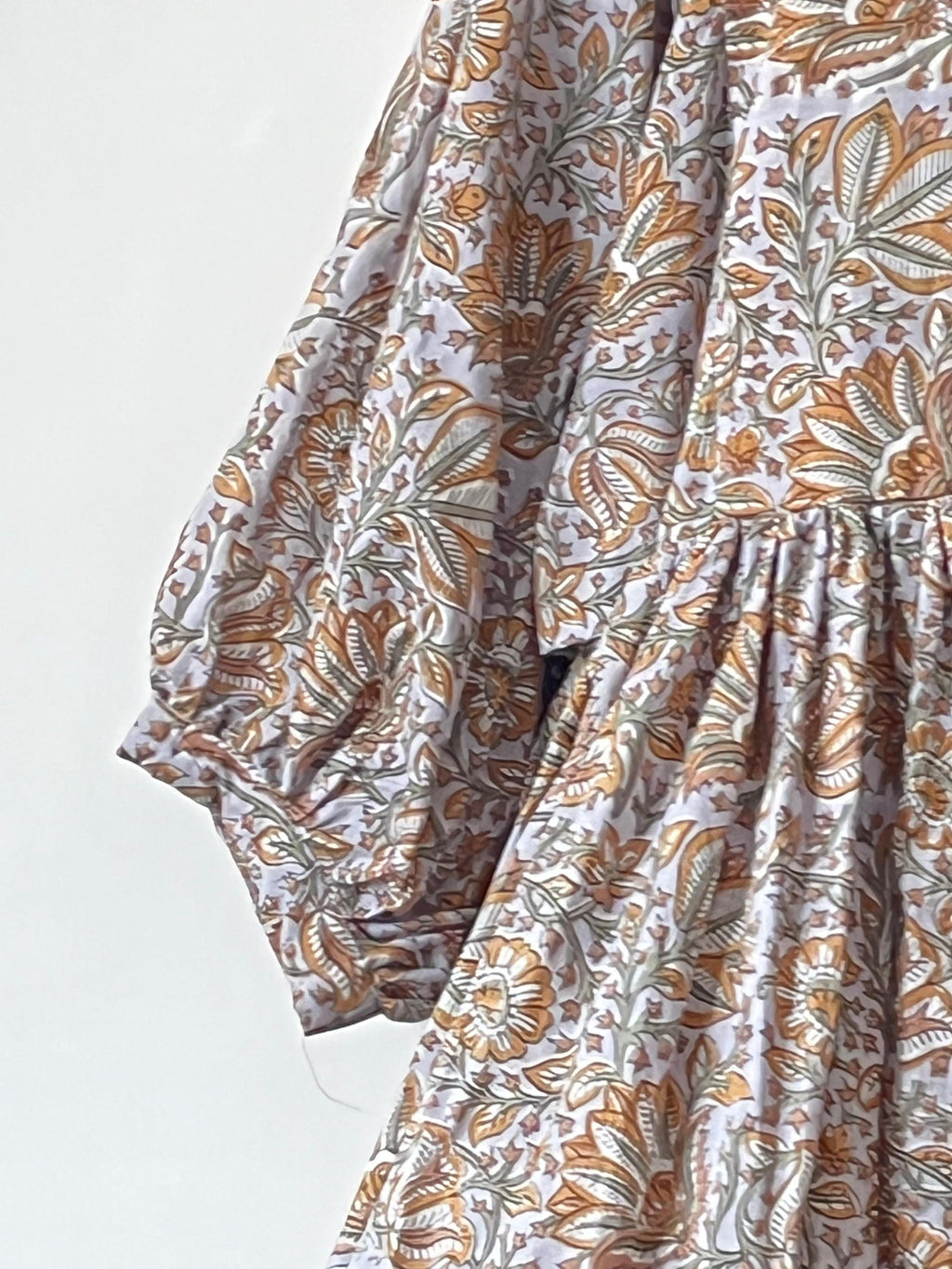 Handblock Printed Cotton Maxi Dress: Rust Floral Boho Balloon Sleeve