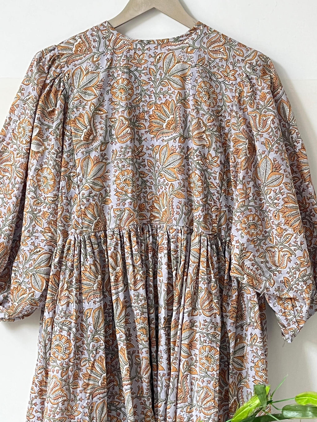 Handblock Printed Cotton Maxi Dress: Rust Floral Boho Balloon Sleeve