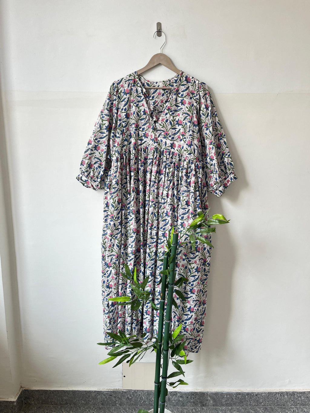 Floral Block Print Cotton Midi Dress: Soft Summer Dress