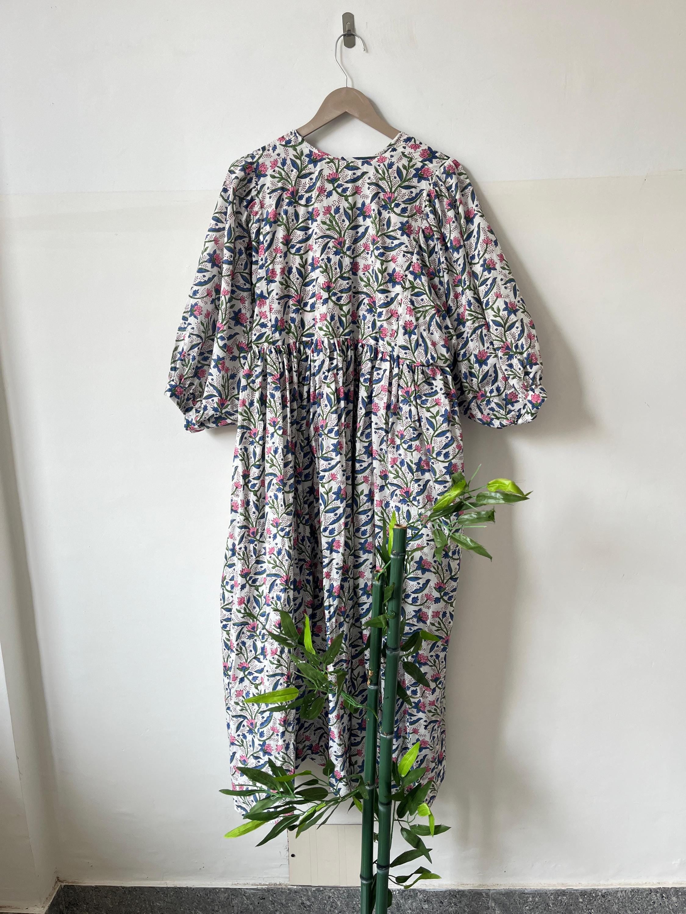 Floral Block Print Cotton Midi Dress: Soft Summer Dress